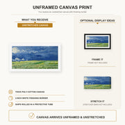 Vincent van Gogh - Wheatfield Under Thunderclouds canvas print size comparison and framing display infographic