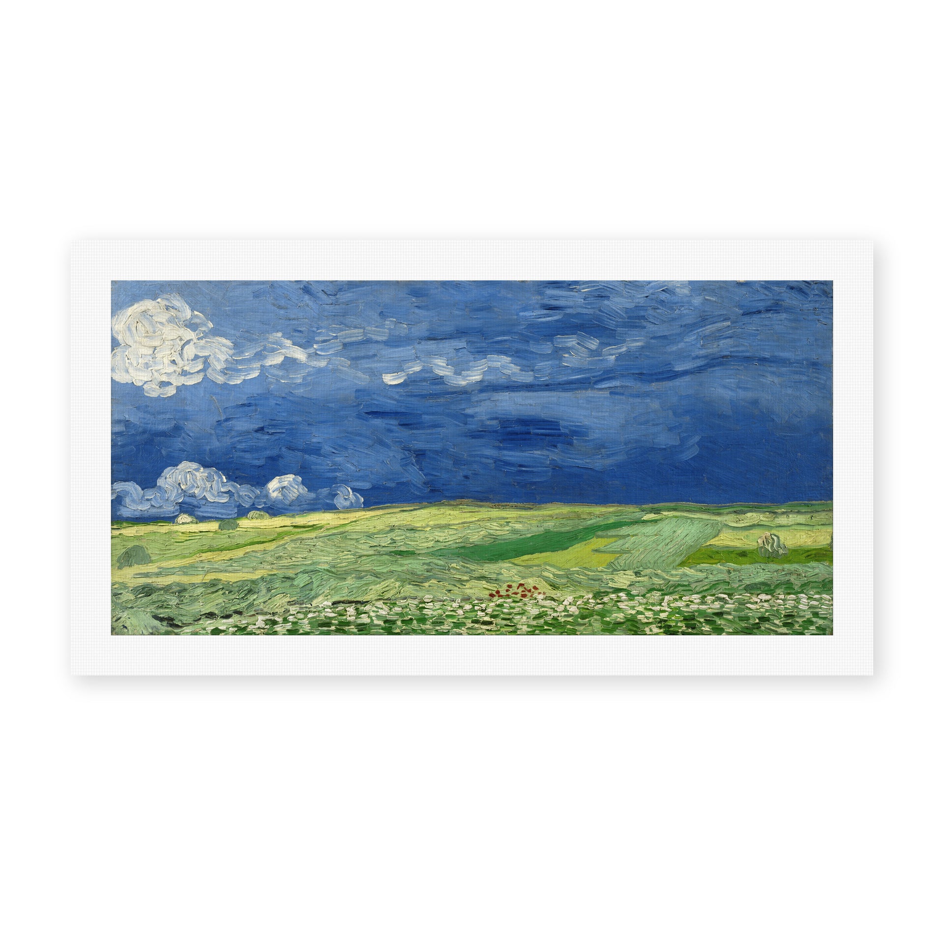 Vincent van Gogh's 'Wheatfield Under Thunderclouds' painting reproduced as a rolled canvas print