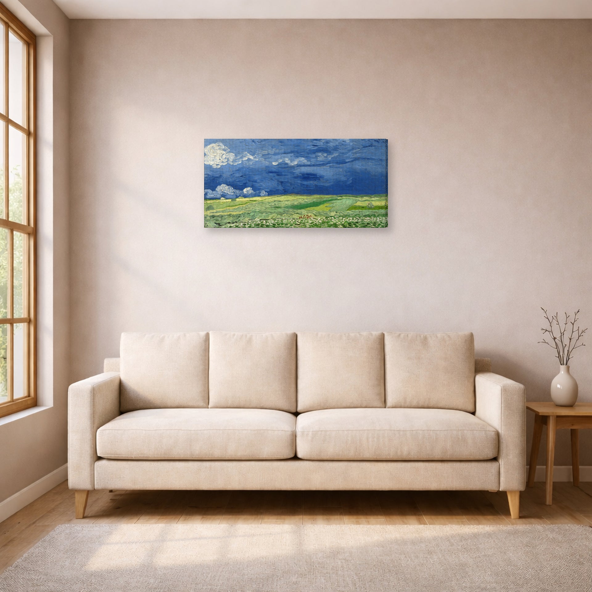 Gallery-wrapped canvas print of Vincent van Gogh's Wheatfield Under Thunderclouds displayed on a wall in a living room