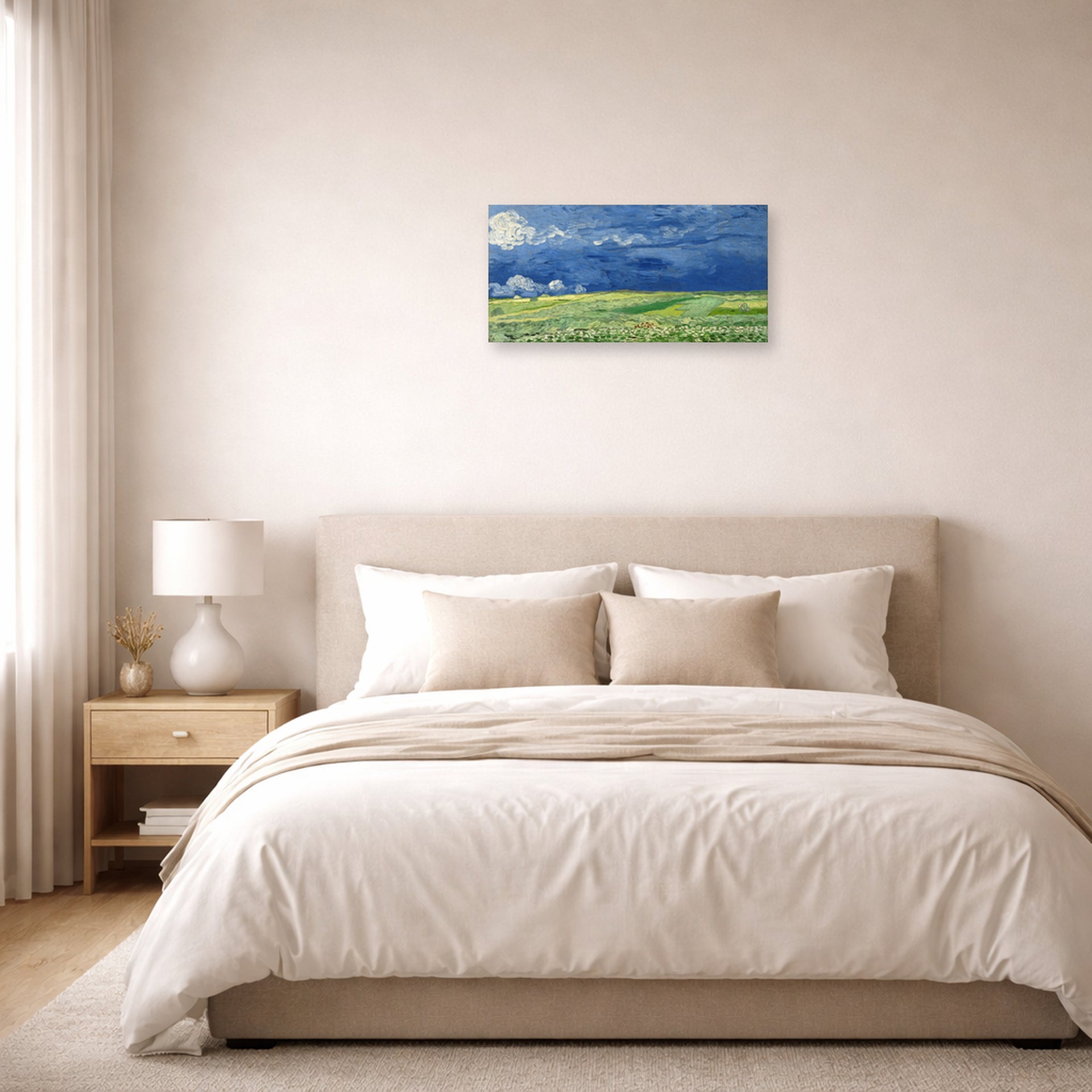Unframed poster print of Vincent van Gogh's Wheatfield Under Thunderclouds displayed on a wall in a bedroom