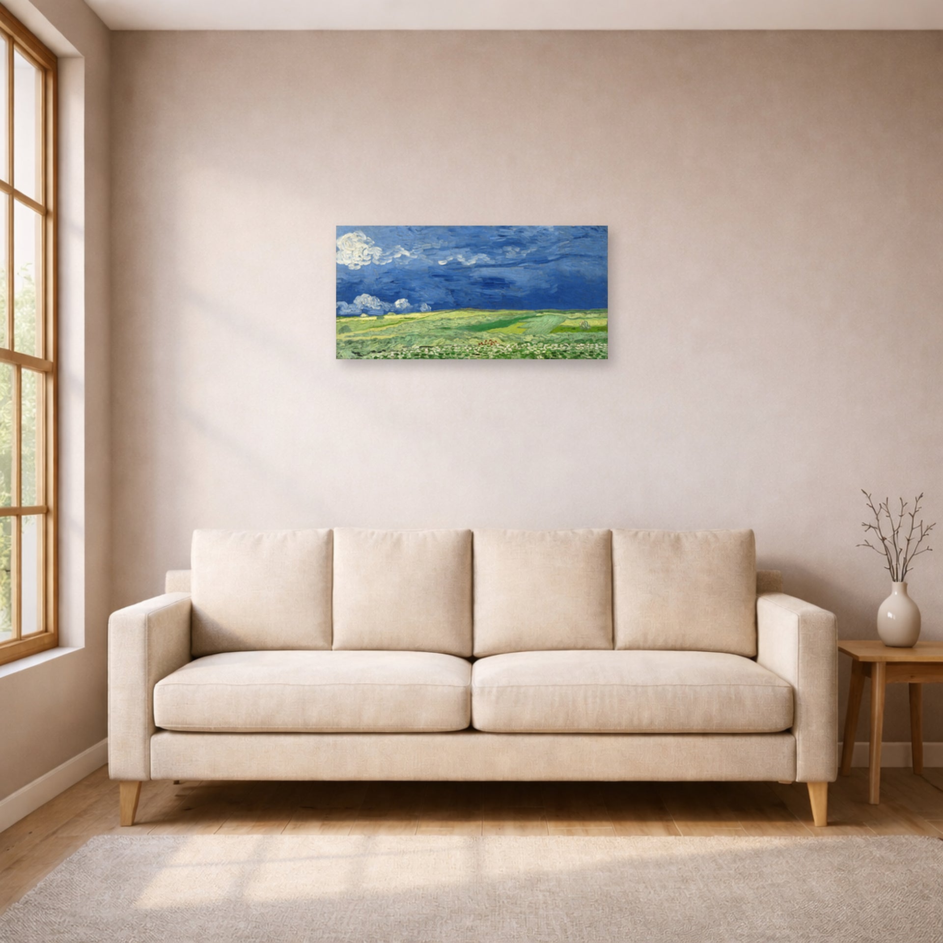 Unframed poster print of Vincent van Gogh's Wheatfield Under Thunderclouds displayed on a wall in a living room