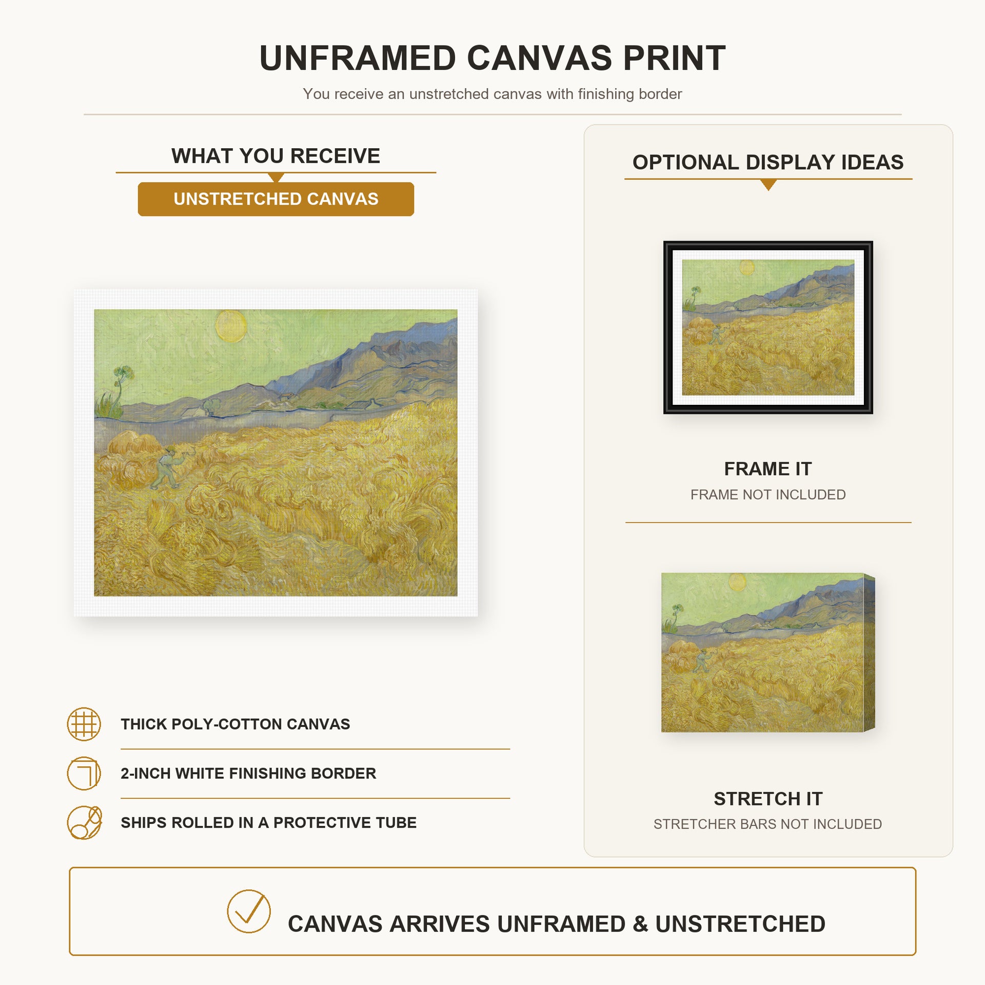 Vincent van Gogh - Wheatfield with a Reaper canvas print size comparison and framing display infographic