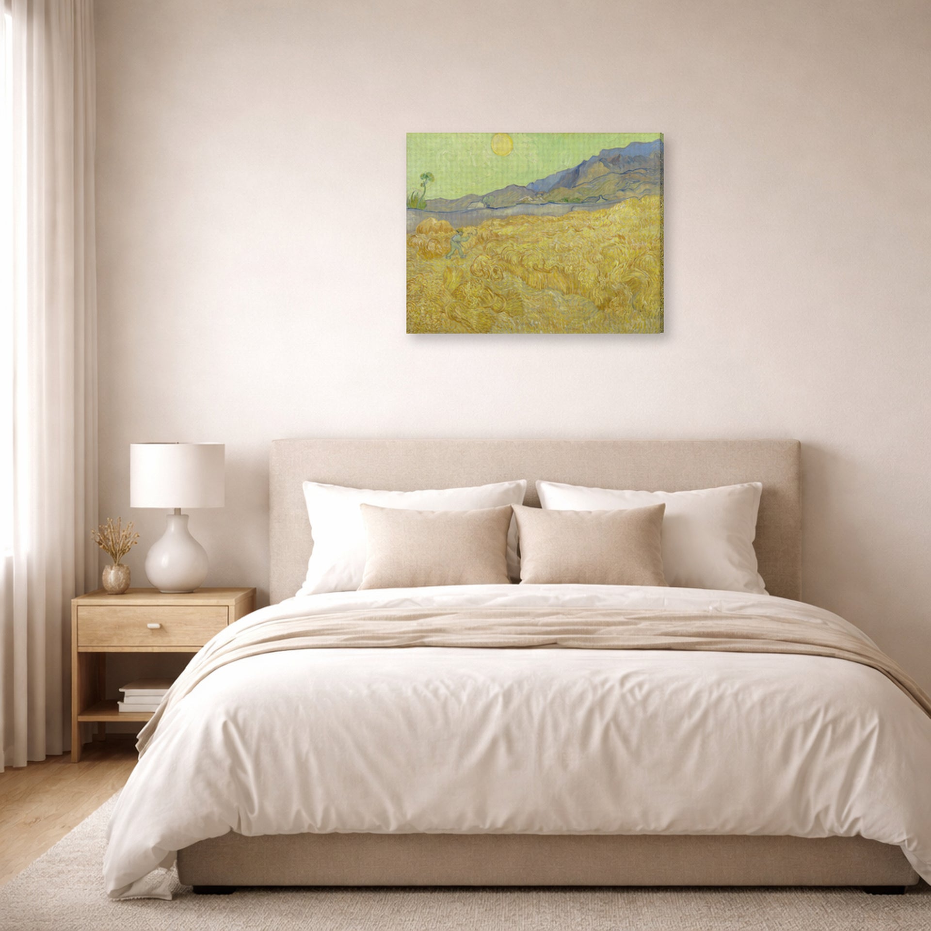 Gallery-wrapped canvas print of Vincent van Gogh's Wheatfield with a Reaper displayed on a wall in a bedroom