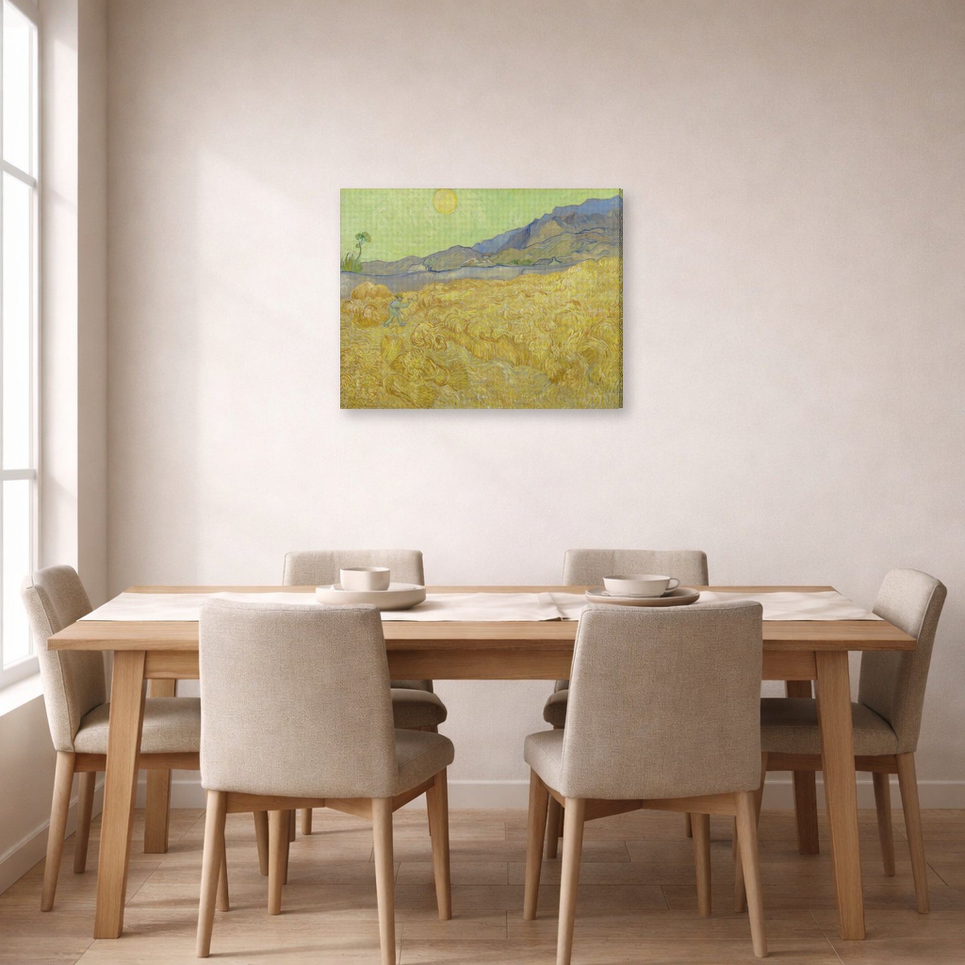 Gallery-wrapped canvas print of Vincent van Gogh's Wheatfield with a Reaper displayed on a wall in a dining room