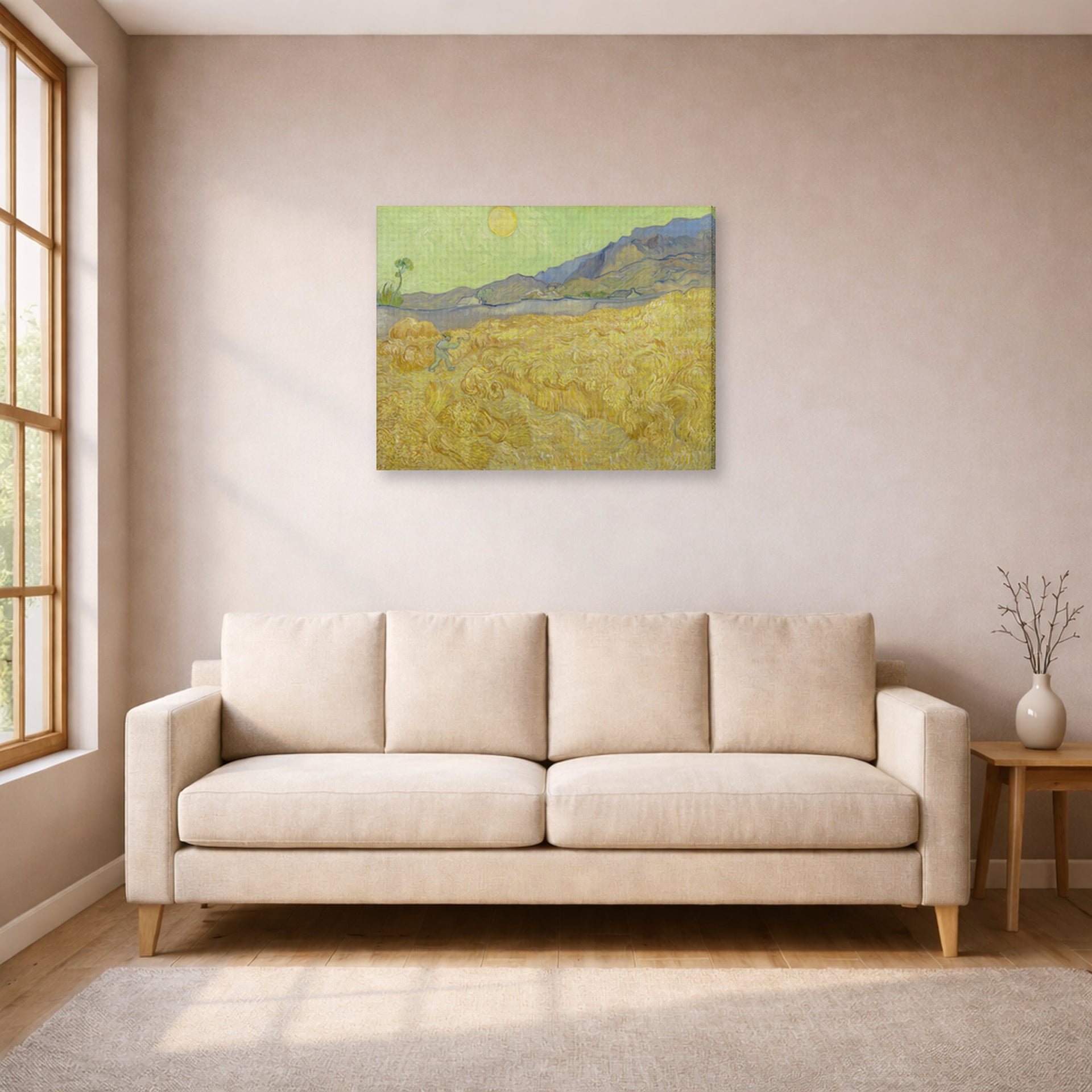 Gallery-wrapped canvas print of Vincent van Gogh's Wheatfield with a Reaper displayed on a wall in a living room