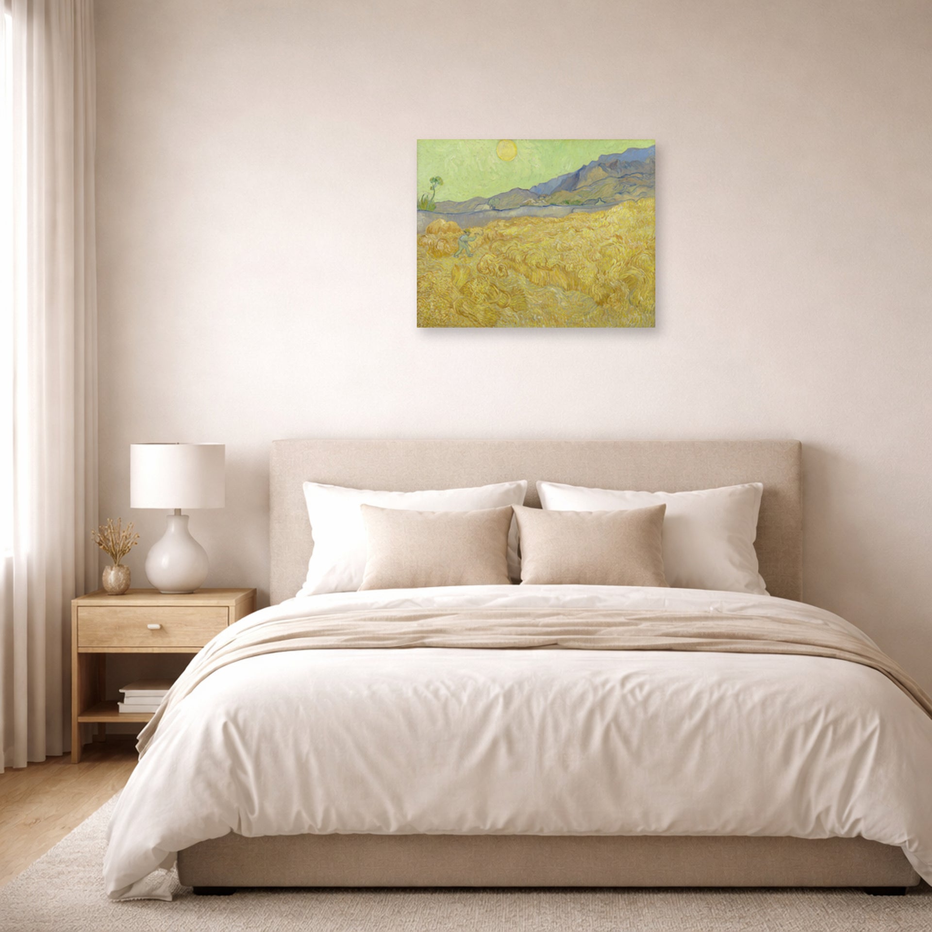 Unframed poster print of Vincent van Gogh's Wheatfield with a Reaper displayed on a wall in a bedroom