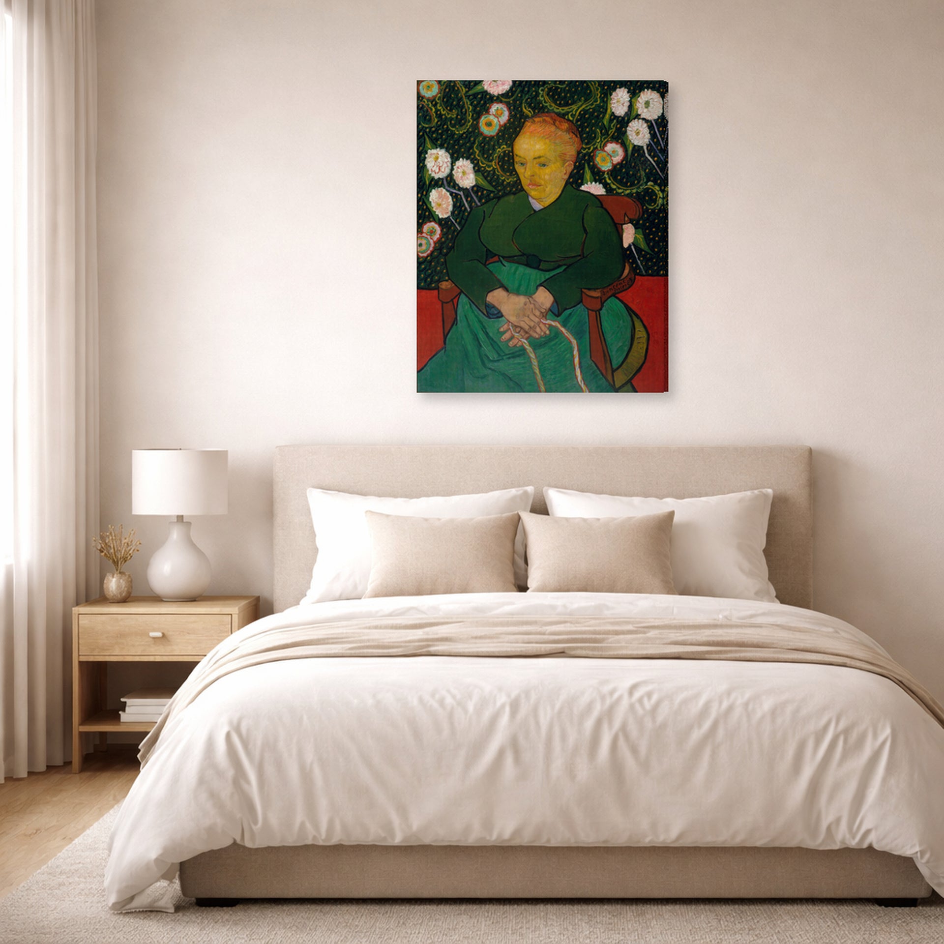 Gallery-wrapped canvas print of Vincent van Gogh's Women Rocking a Cradle displayed on a wall in a bedroom