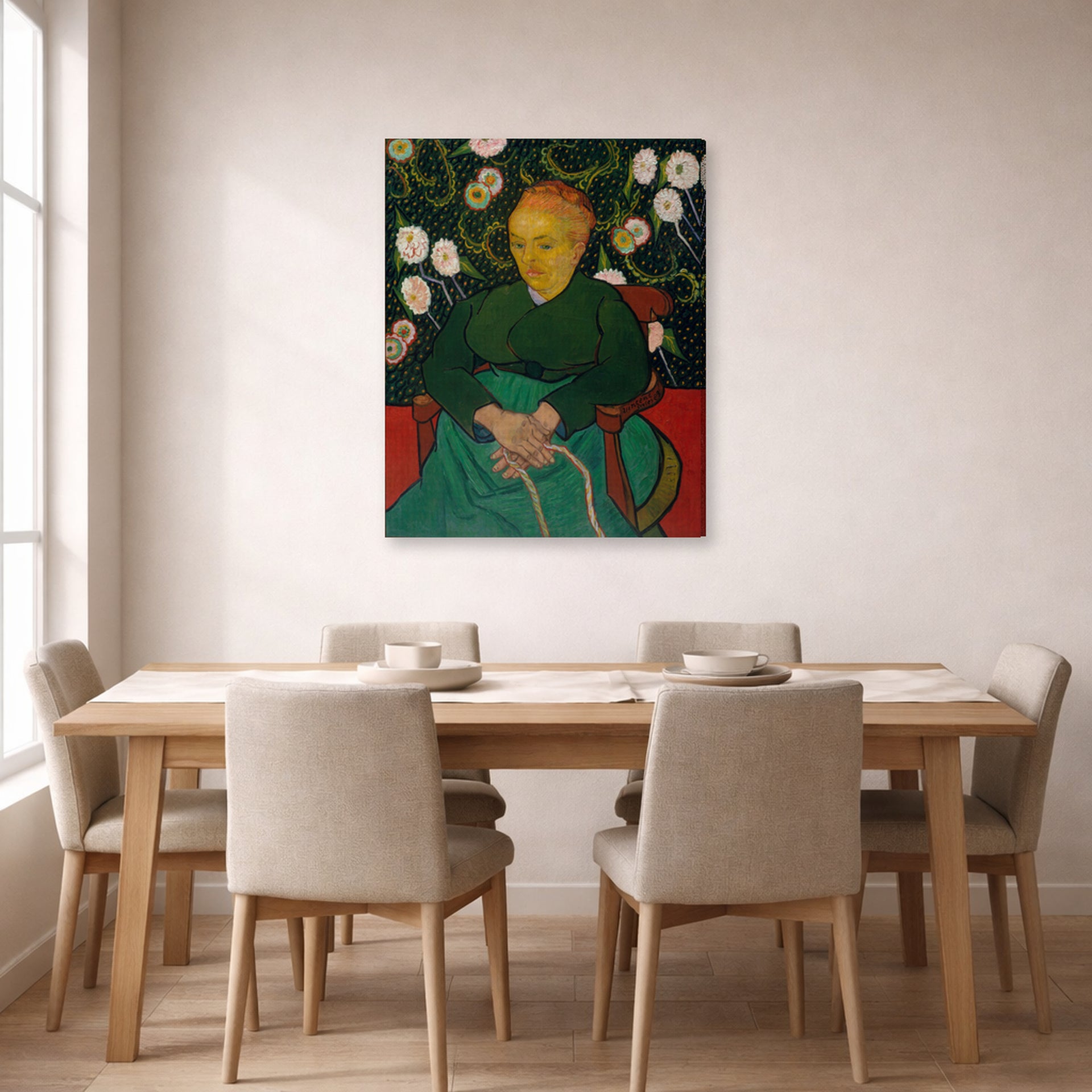 Gallery-wrapped canvas print of Vincent van Gogh's Women Rocking a Cradle displayed on a wall in a dining room