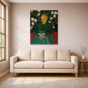 Gallery-wrapped canvas print of Vincent van Gogh's Women Rocking a Cradle displayed on a wall in a living room