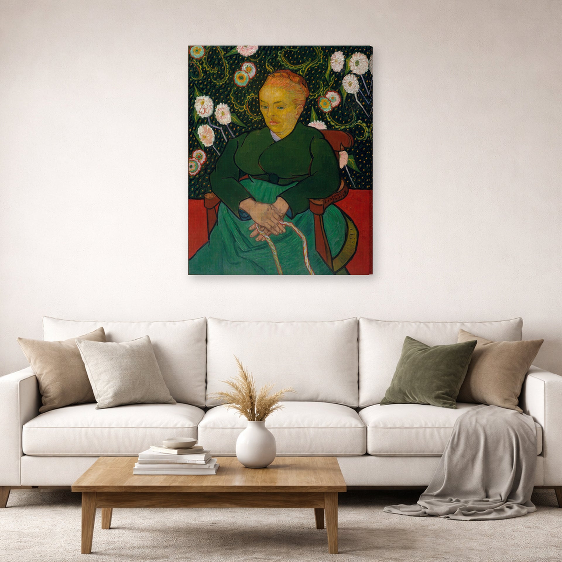 Gallery-wrapped canvas print of Vincent van Gogh's Women Rocking a Cradle displayed on a wall in a living room