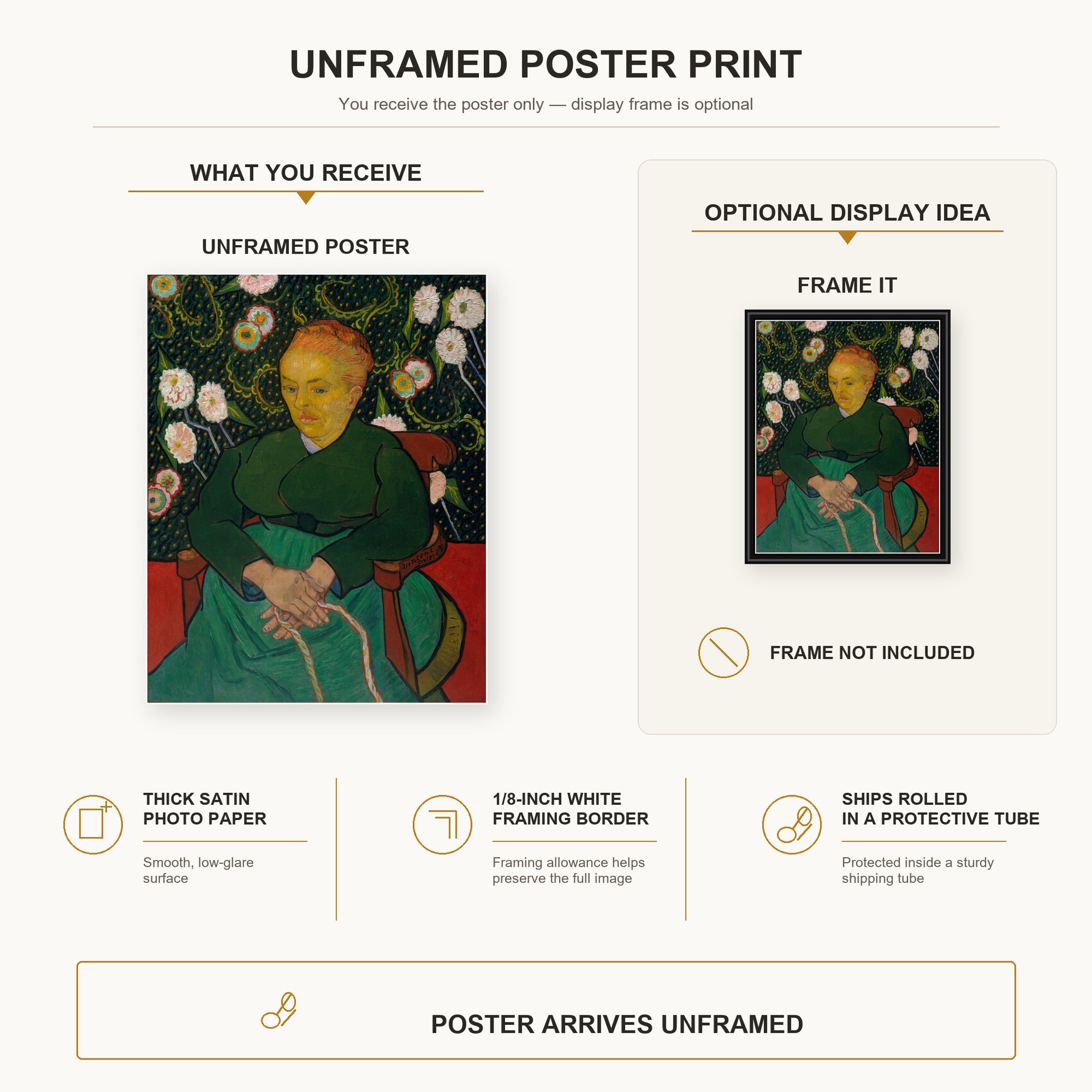 Vincent van Gogh - Women Rocking a Cradle poster print size comparison and framing display infographic