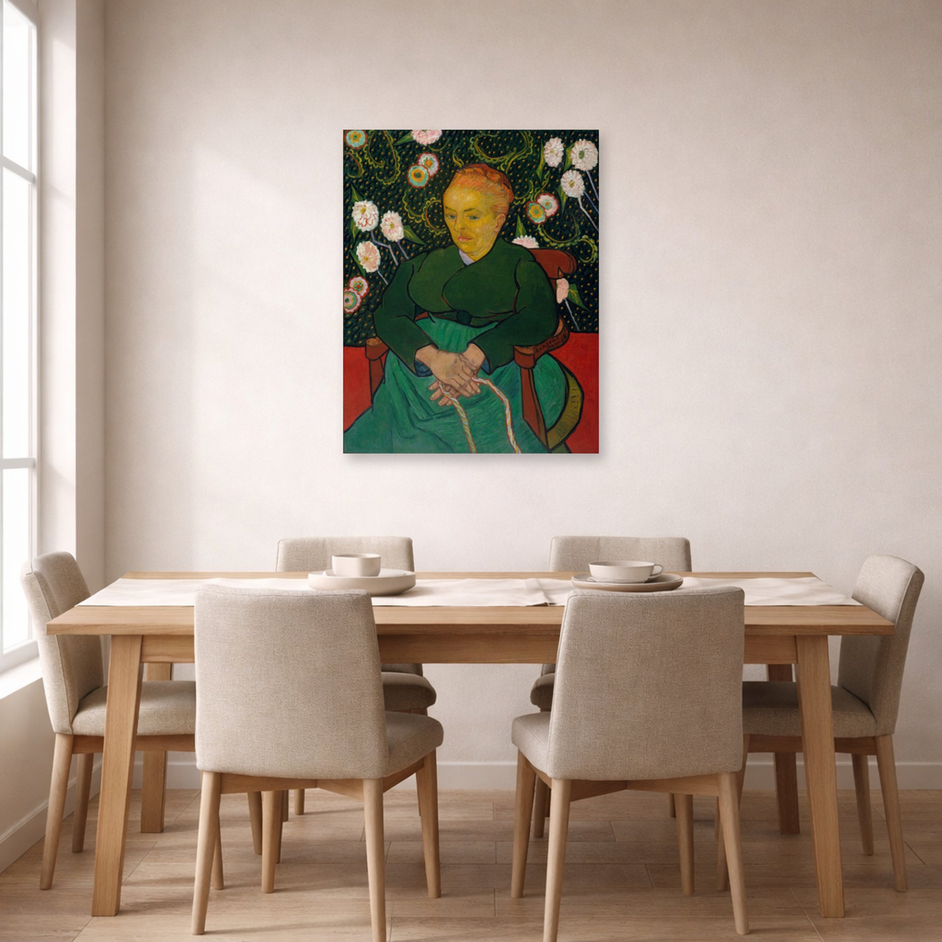 Unframed poster print of Vincent van Gogh's Women Rocking a Cradle displayed on a wall in a dining room