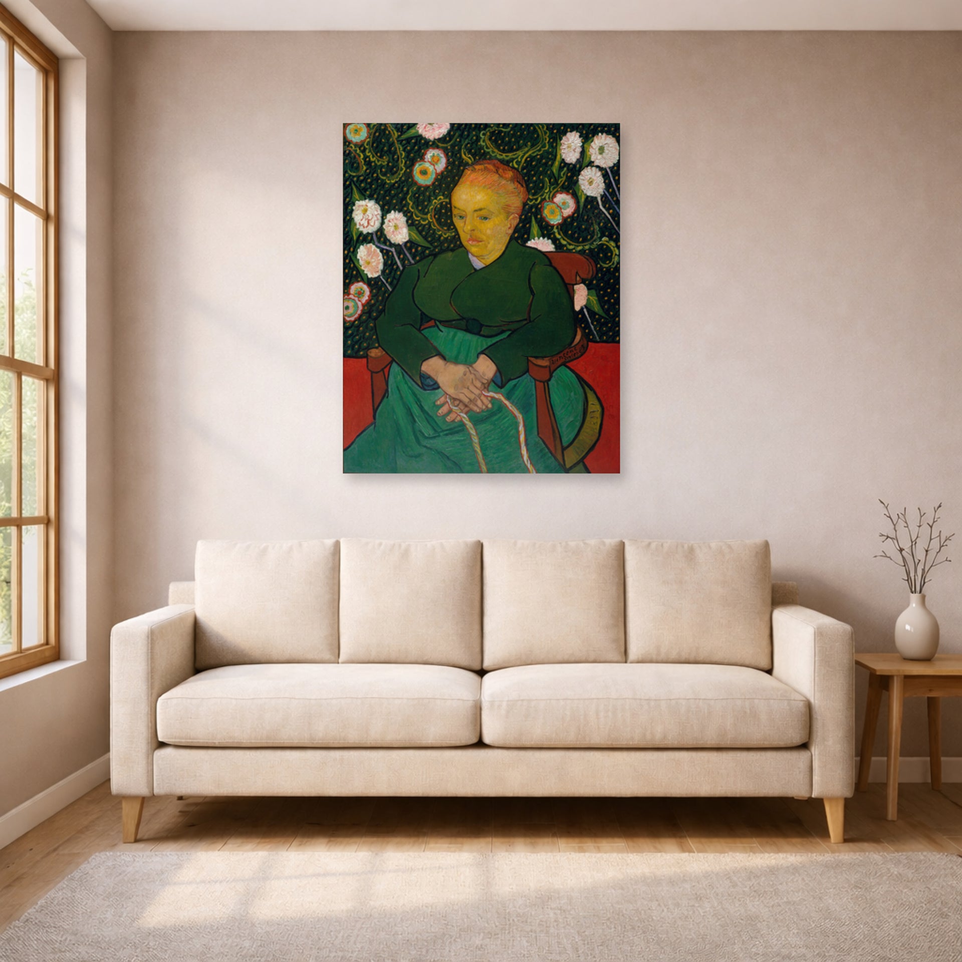 Unframed poster print of Vincent van Gogh's Women Rocking a Cradle displayed on a wall in a living room