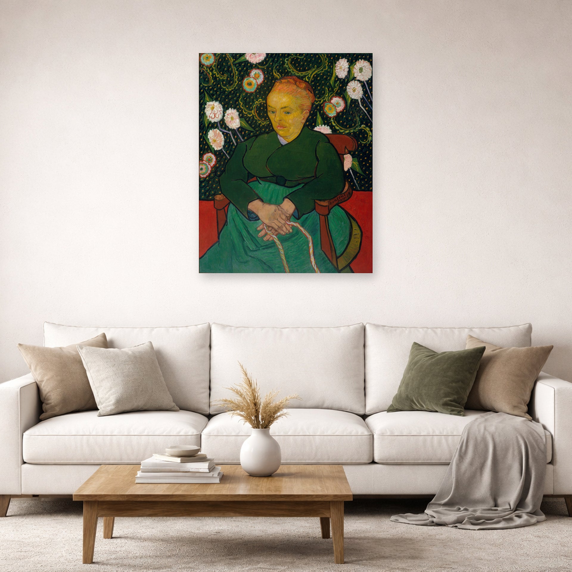 Unframed poster print of Vincent van Gogh's Women Rocking a Cradle displayed on a wall in a living room