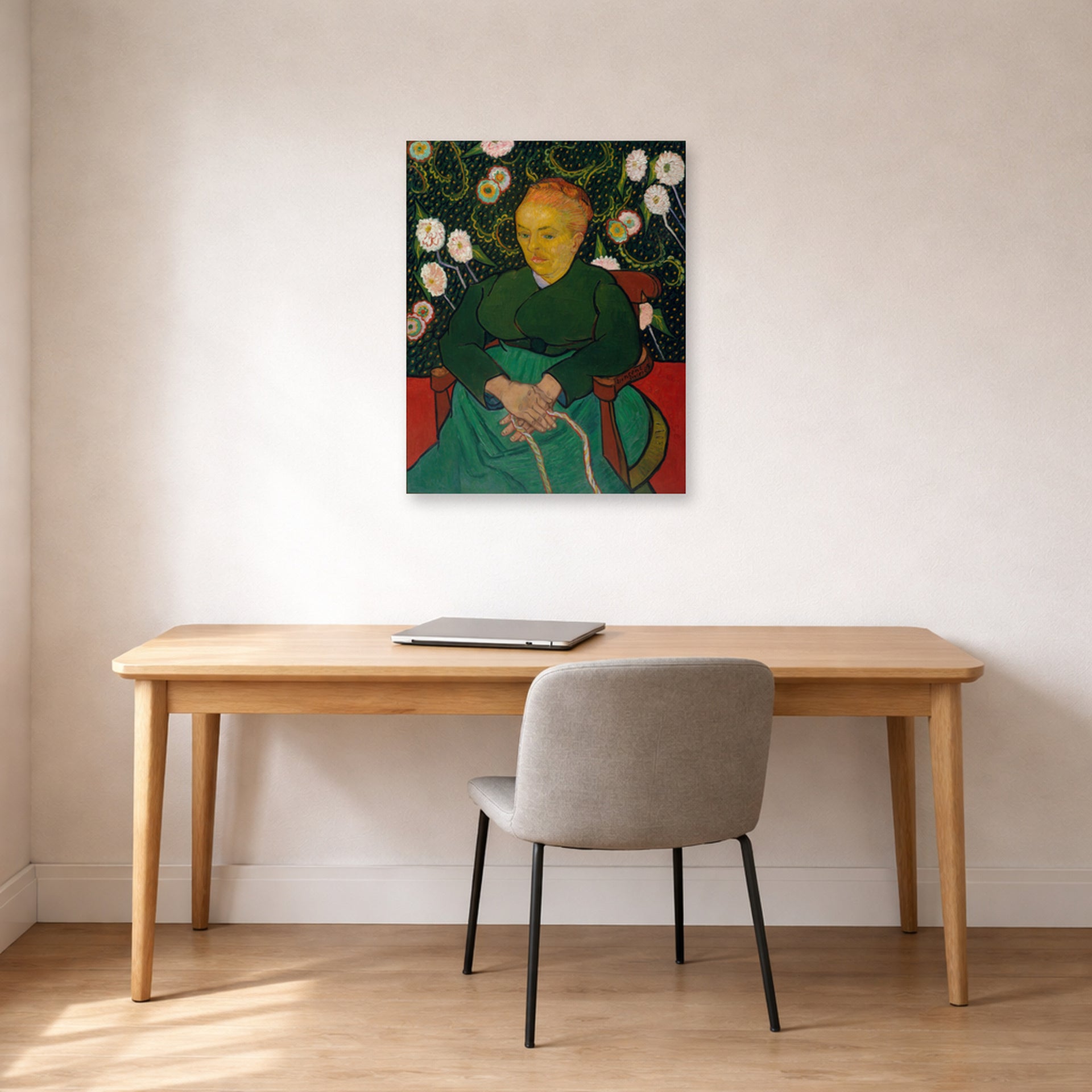 Unframed poster print of Vincent van Gogh's Women Rocking a Cradle displayed on a wall in a home office