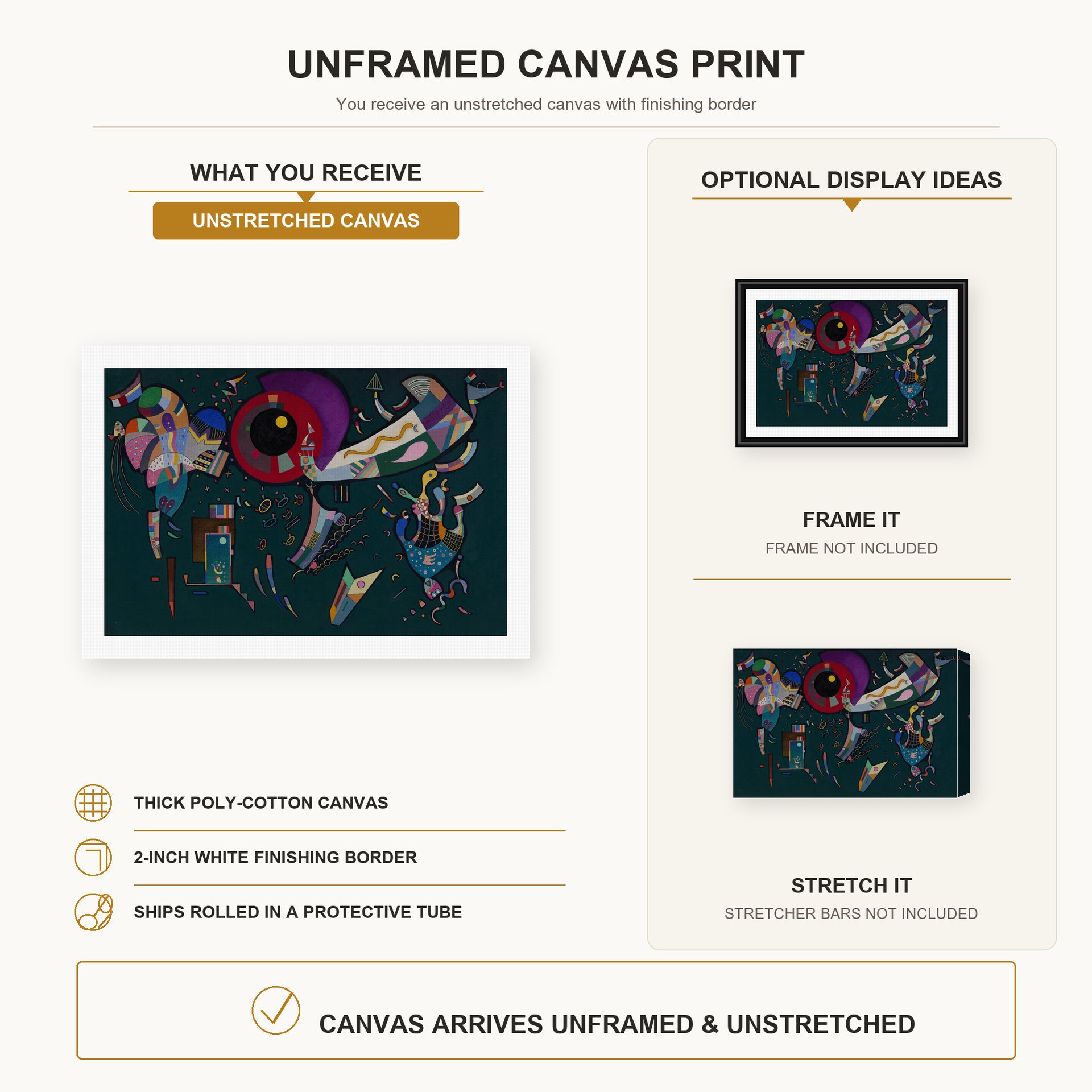 Wassily Kandinsky - Around the Circle canvas print size comparison and framing display infographic