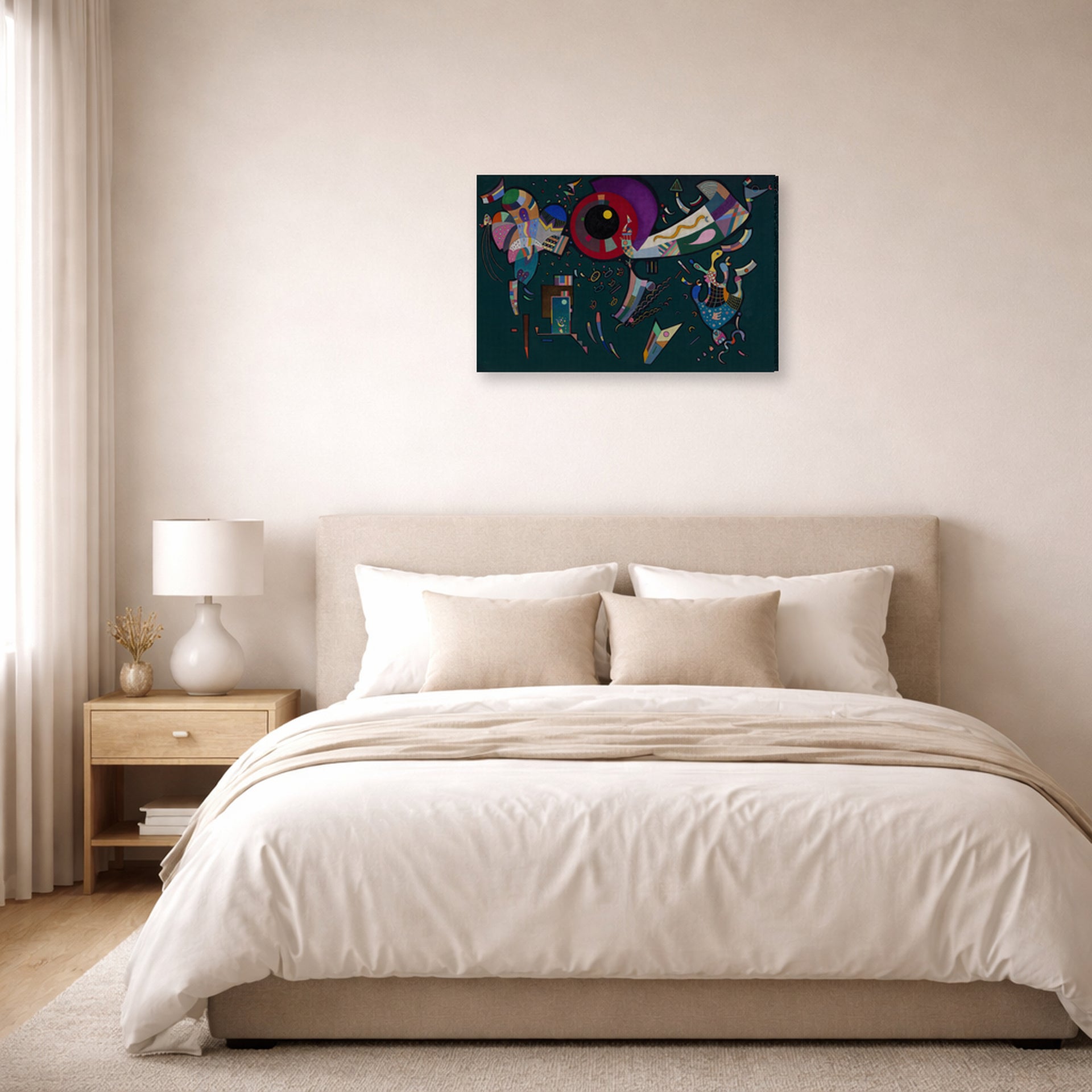 Gallery-wrapped canvas print of Wassily Kandinsky's Around the Circle displayed on a wall in a bedroom