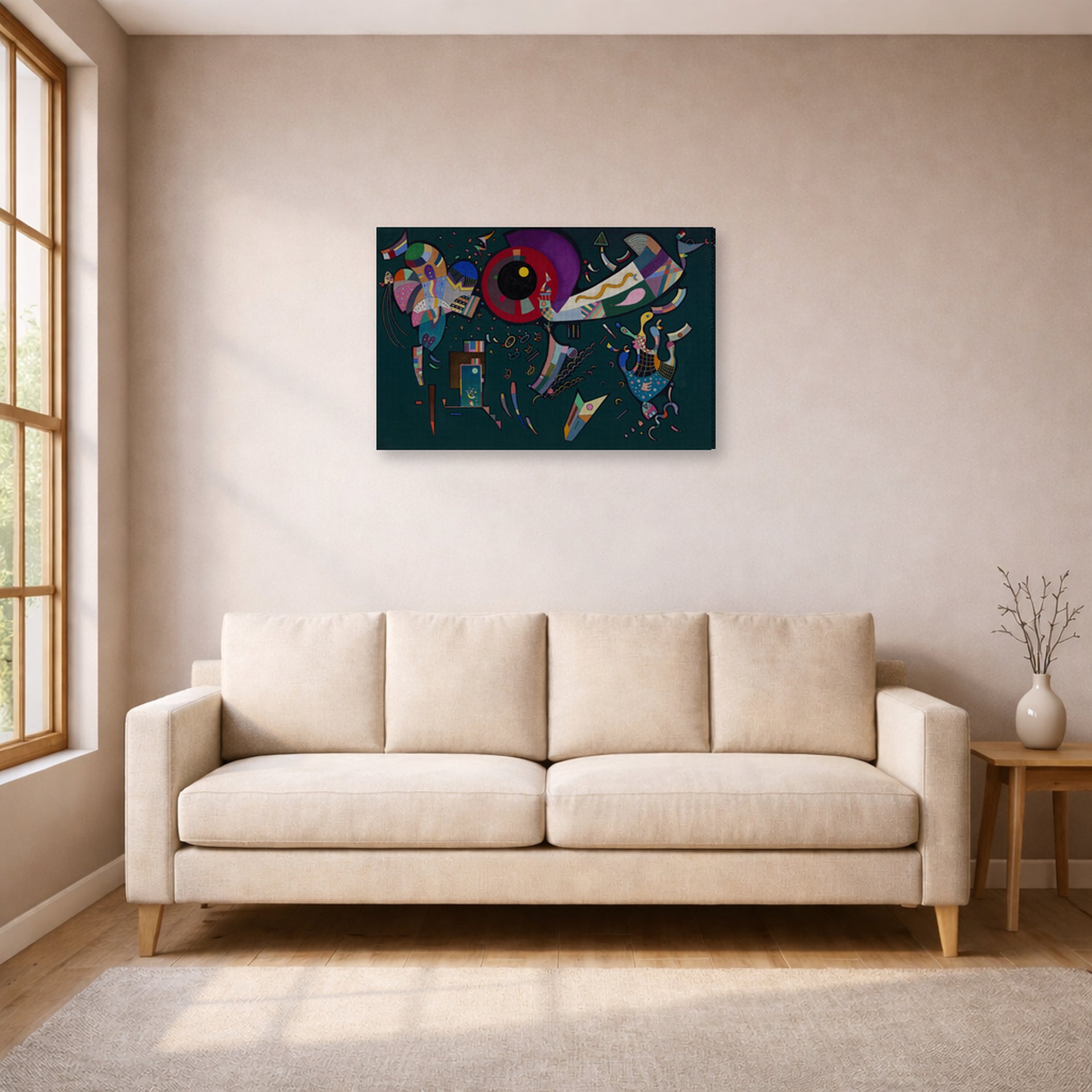 Gallery-wrapped canvas print of Wassily Kandinsky's Around the Circle displayed on a wall in a living room