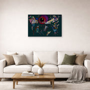 Gallery-wrapped canvas print of Wassily Kandinsky's Around the Circle displayed on a wall in a living room