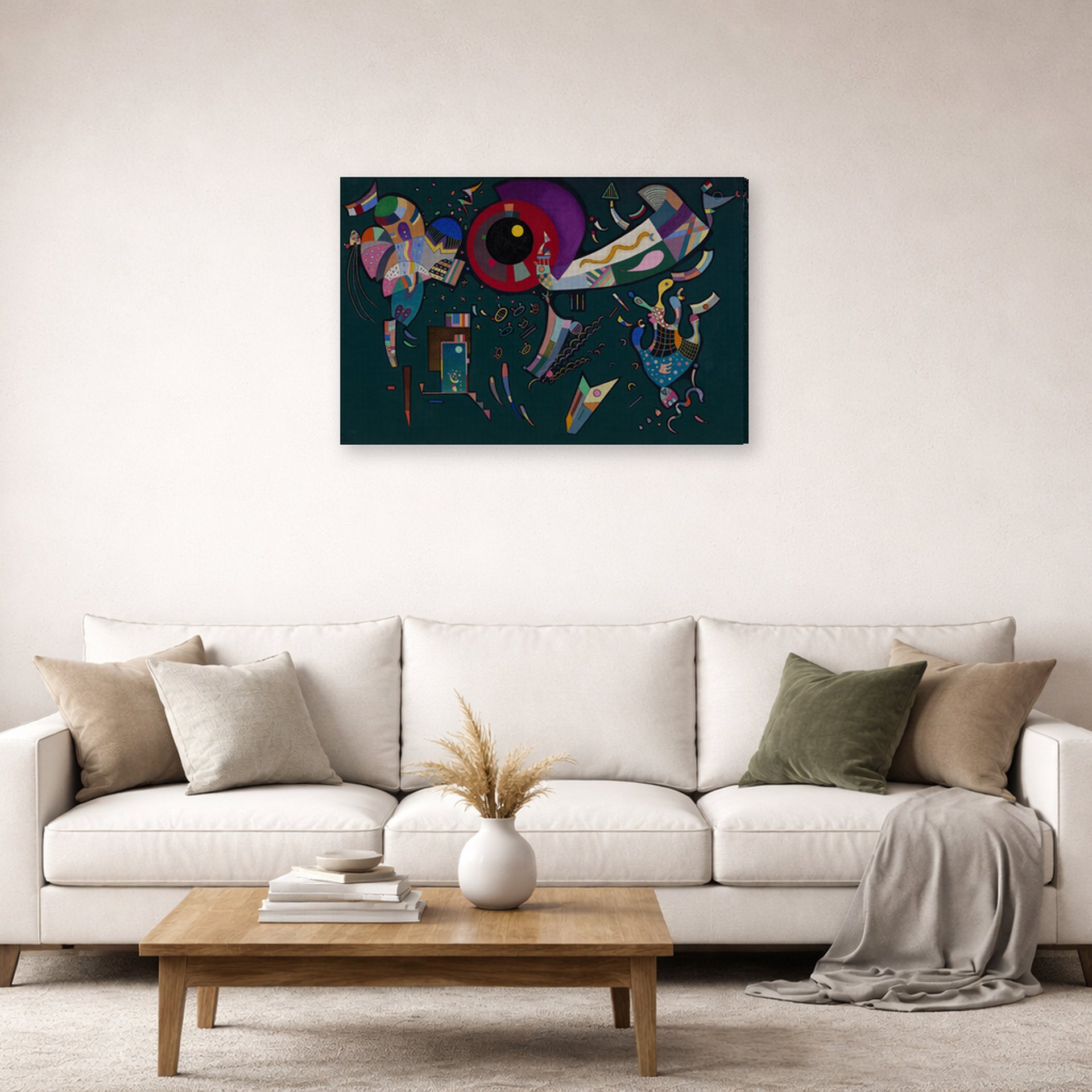 Gallery-wrapped canvas print of Wassily Kandinsky's Around the Circle displayed on a wall in a living room