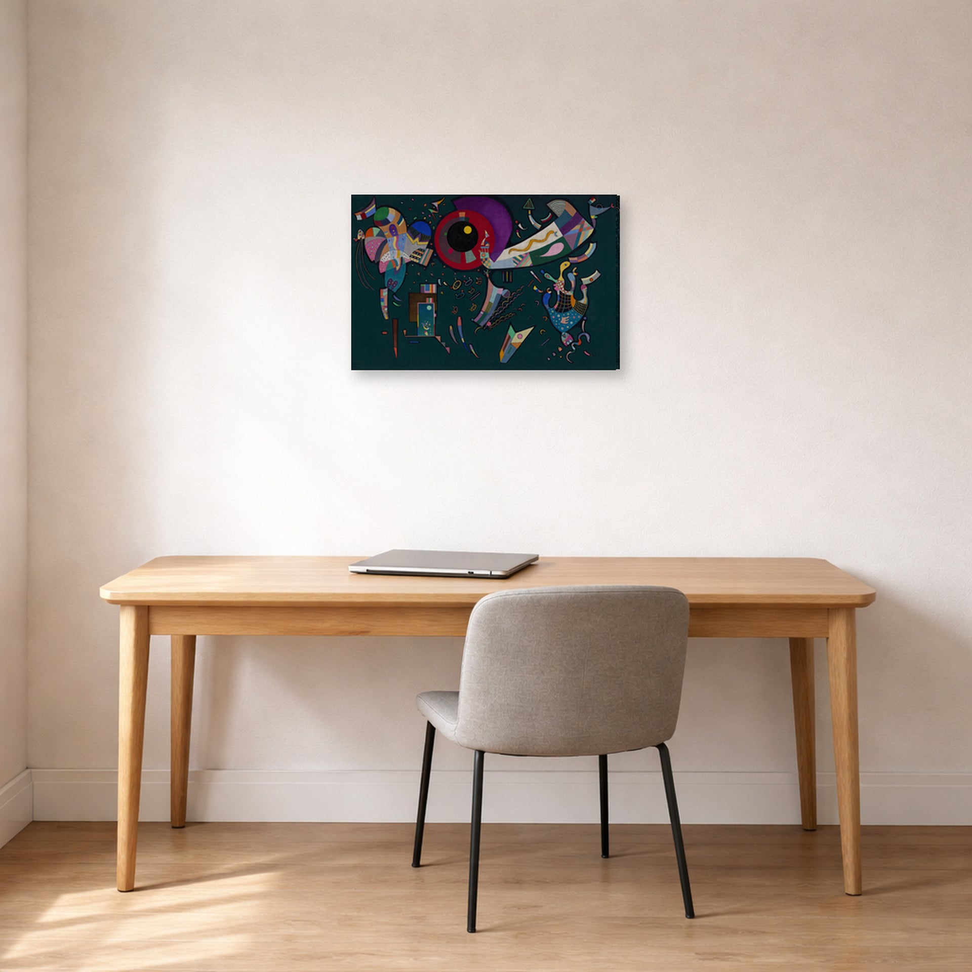 Gallery-wrapped canvas print of Wassily Kandinsky's Around the Circle displayed on a wall in an office