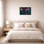 Unframed poster print of Wassily Kandinsky's Around the Circle displayed on a wall in a bedroom