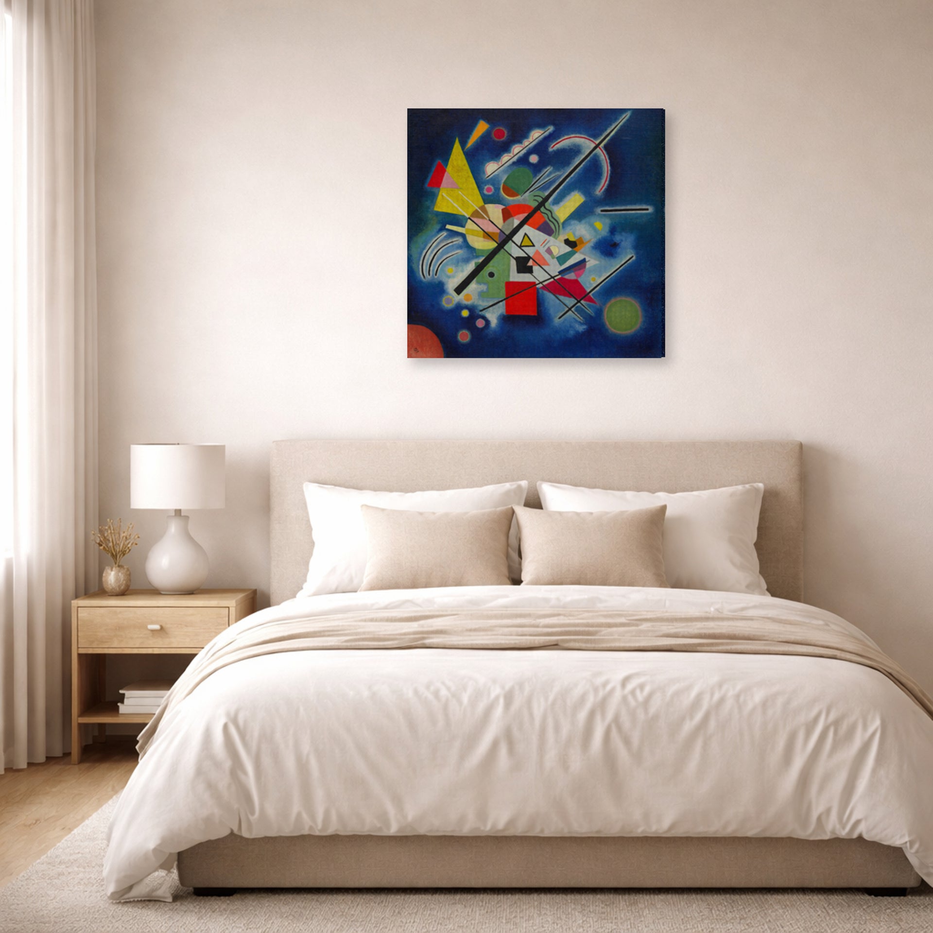 Gallery-wrapped canvas print of Wassily Kandinsky's Blue Painting displayed on a wall in a bedroom