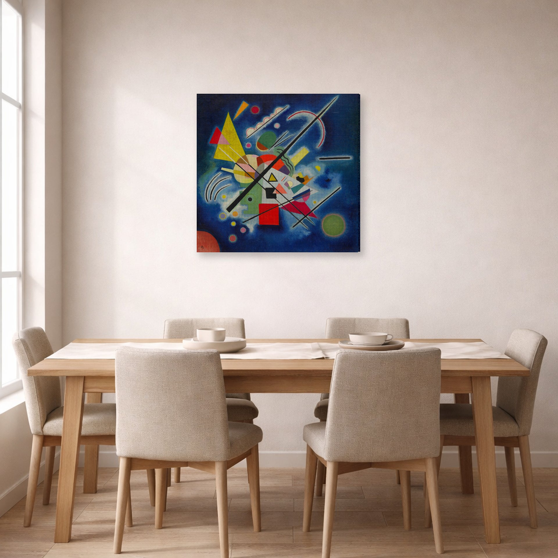 Gallery-wrapped canvas print of Wassily Kandinsky's Blue Painting displayed on a wall in a dining room