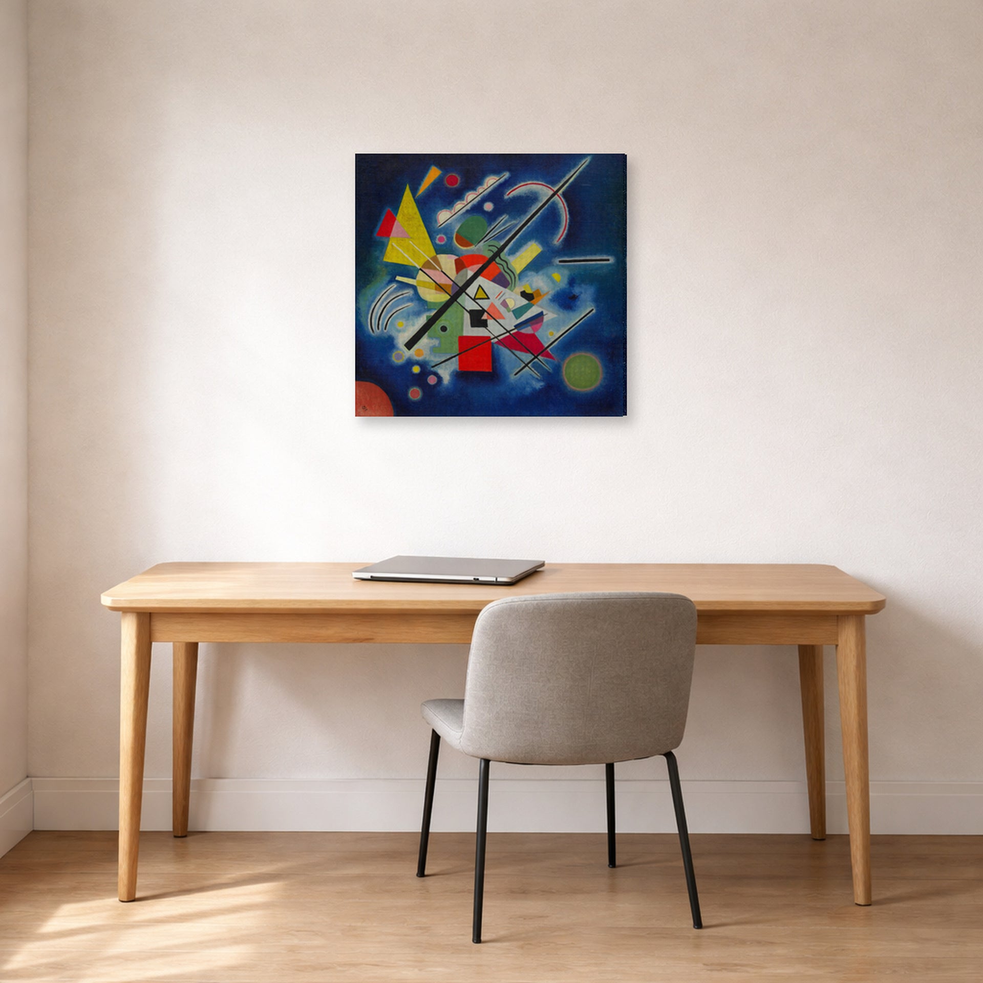 Gallery-wrapped canvas print of Wassily Kandinsky's Blue Painting displayed on a wall in an office