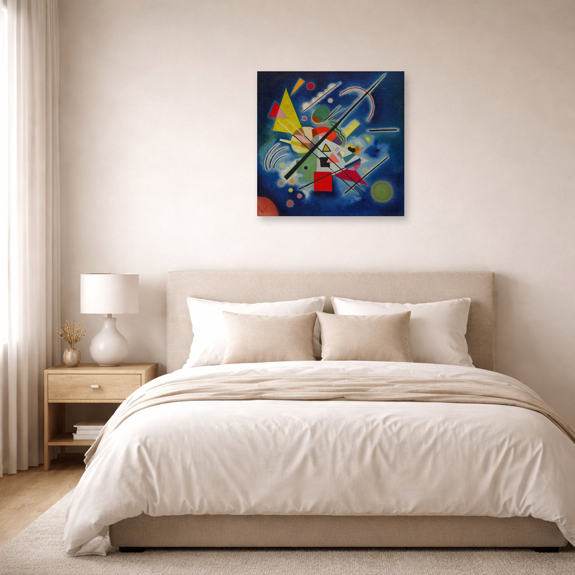 Unframed poster print of Wassily Kandinsky's Blue Painting displayed on a wall in a bedroom