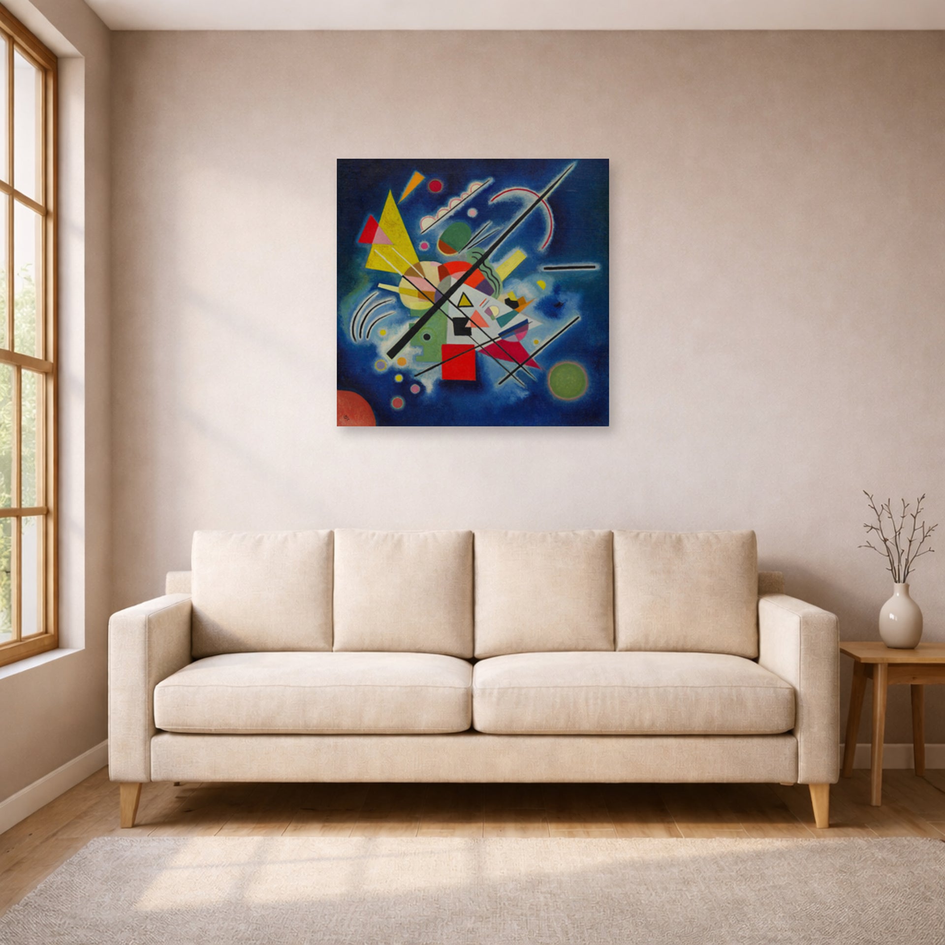 Unframed poster print of Wassily Kandinsky's Blue Painting displayed on a wall in a living room