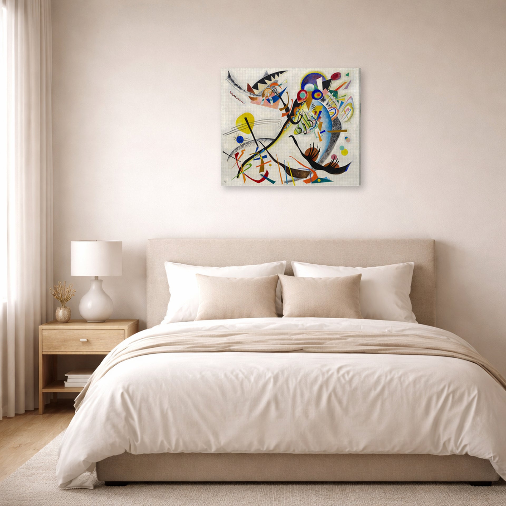 Gallery-wrapped canvas print of Wassily Kandinsky's Blue Segment displayed on a wall in a bedroom