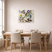Gallery-wrapped canvas print of Wassily Kandinsky's Blue Segment displayed on a wall in a dining room