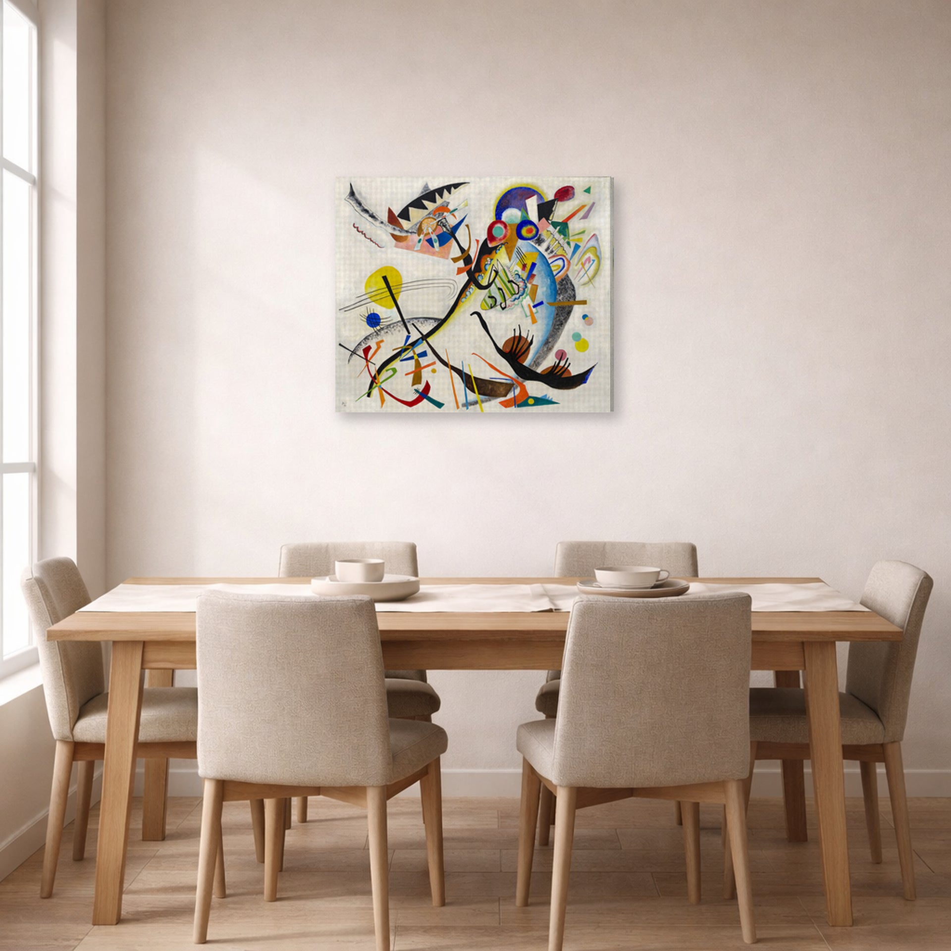 Gallery-wrapped canvas print of Wassily Kandinsky's Blue Segment displayed on a wall in a dining room