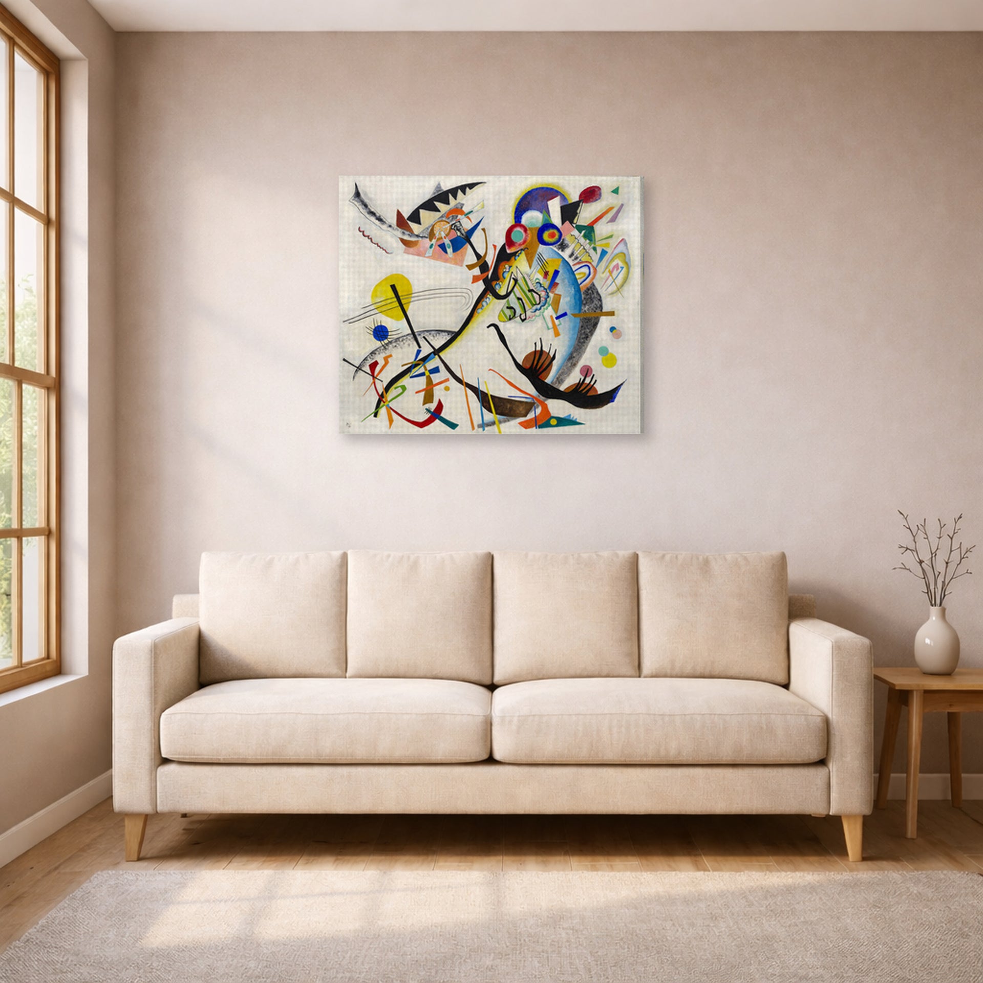 Gallery-wrapped canvas print of Wassily Kandinsky's Blue Segment displayed on a wall in a living room