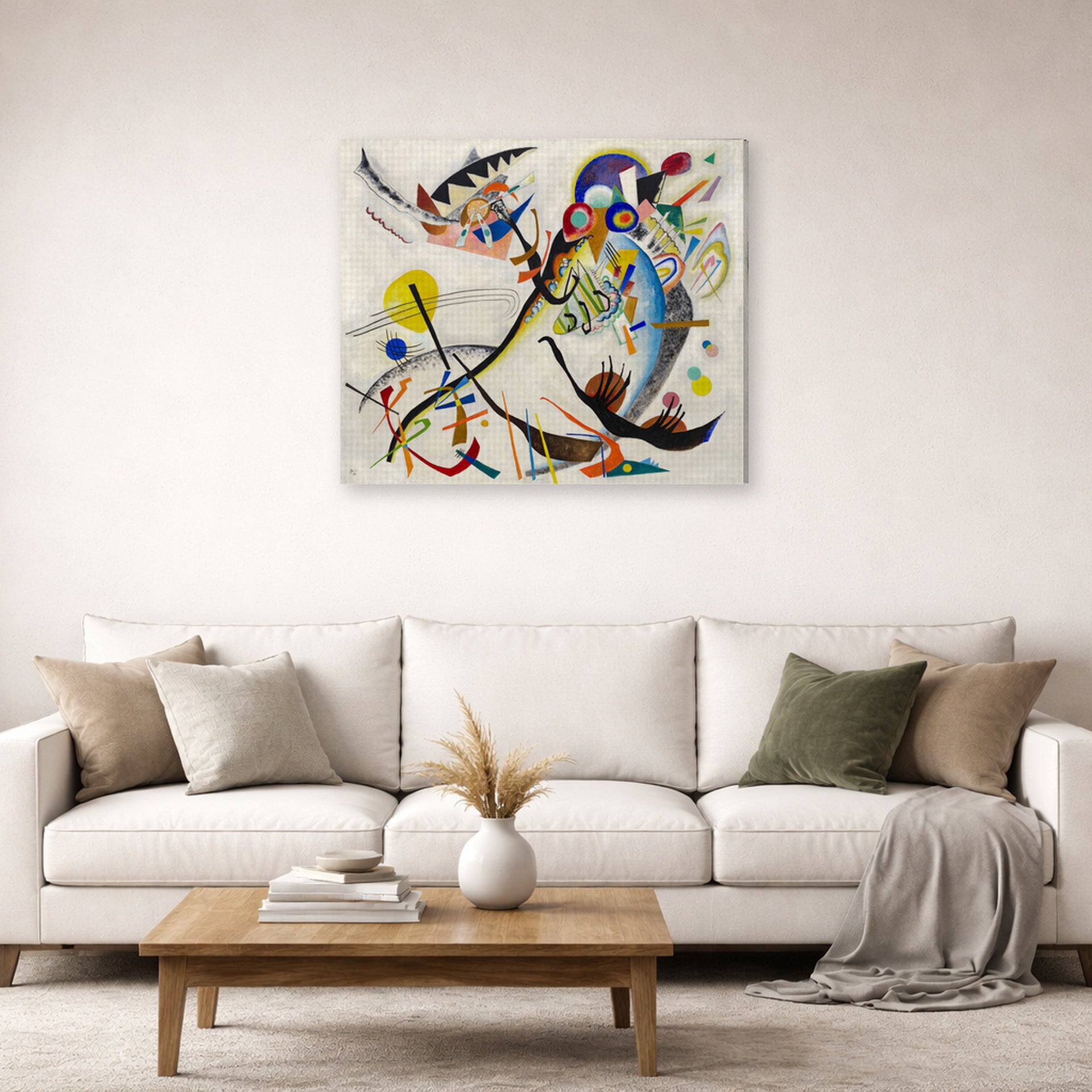 Gallery-wrapped canvas print of Wassily Kandinsky's Blue Segment displayed on a wall in a living room