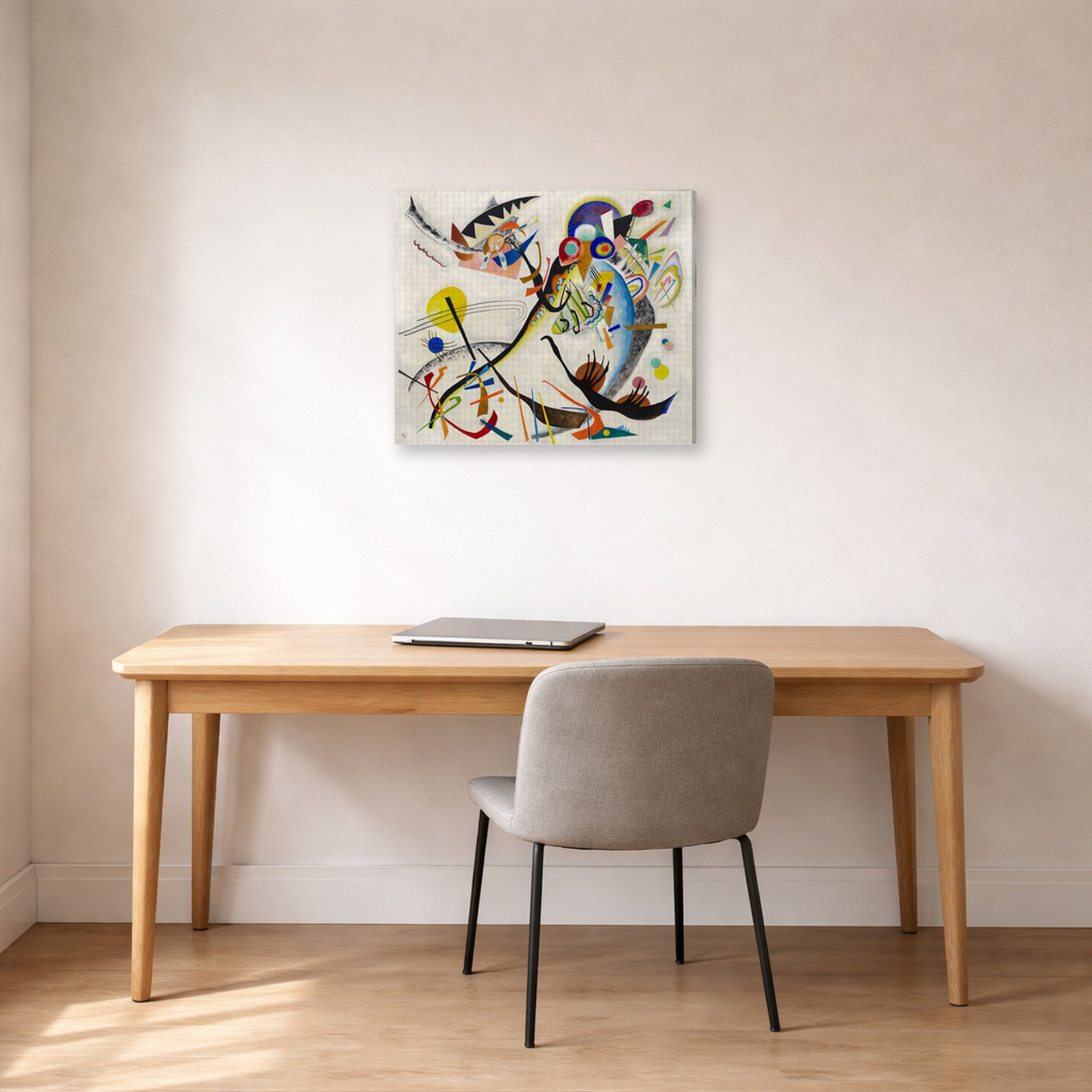Gallery-wrapped canvas print of Wassily Kandinsky's Blue Segment displayed on a wall in an office