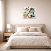 Unframed poster print of Wassily Kandinsky's Blue Segment displayed on a wall in a bedroom