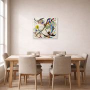 Unframed poster print of Wassily Kandinsky's Blue Segment displayed on a wall in a dining room