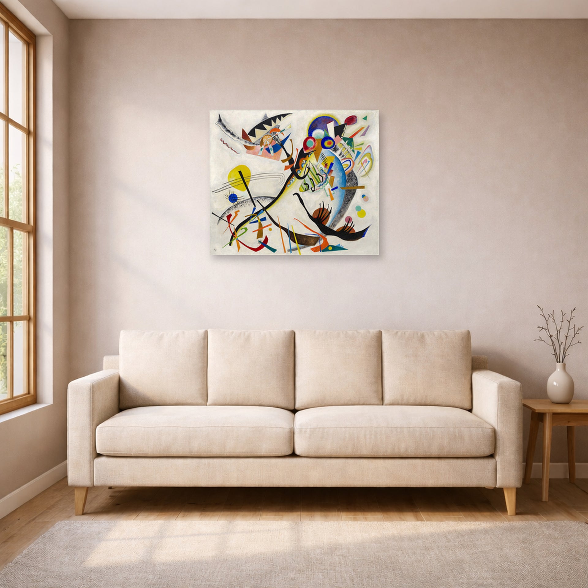 Unframed poster print of Wassily Kandinsky's Blue Segment displayed on a wall in a living room
