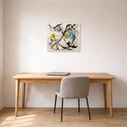 Unframed poster print of Wassily Kandinsky's Blue Segment displayed on a wall in an office