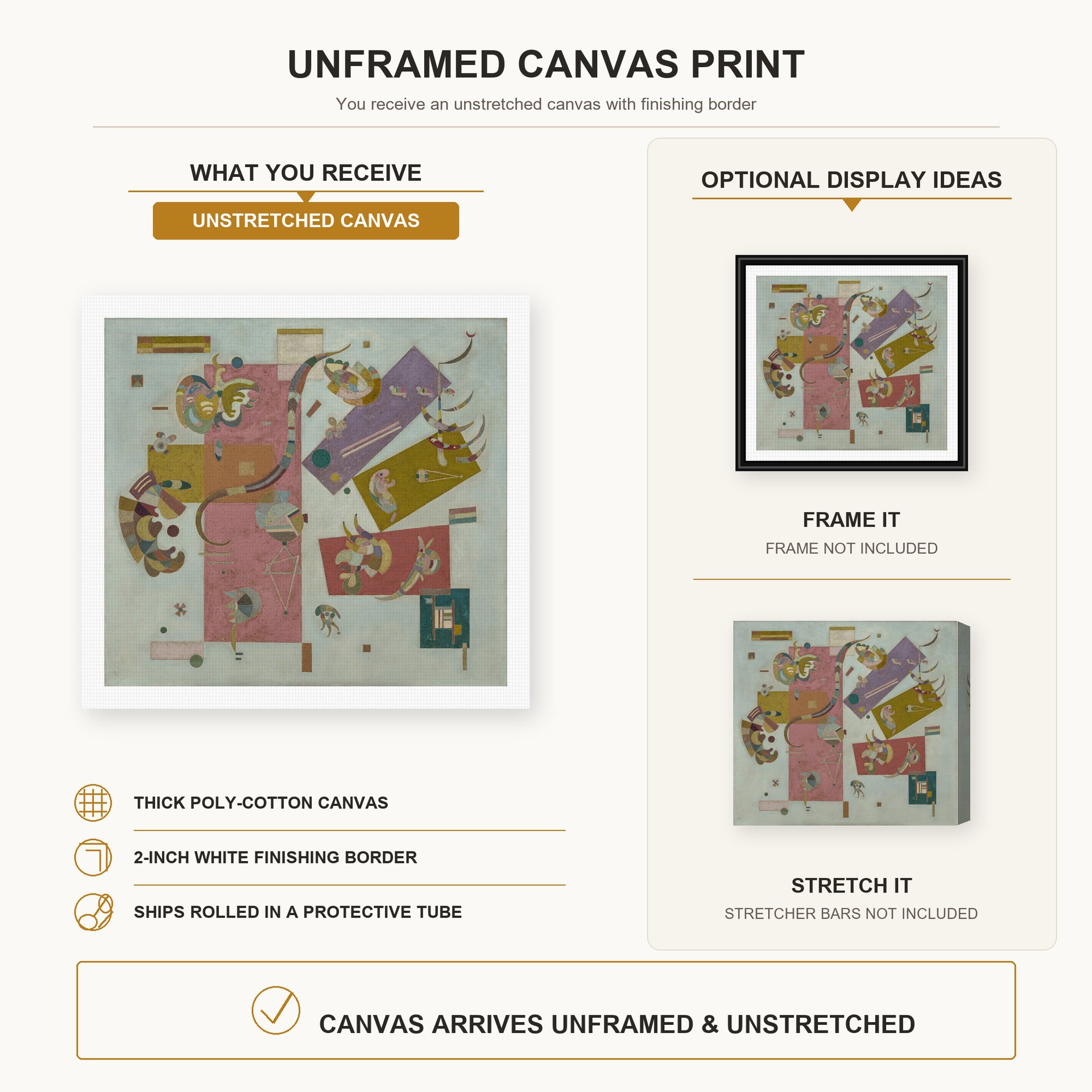 Wassily Kandinsky - Blue World canvas print size comparison and framing display infographic