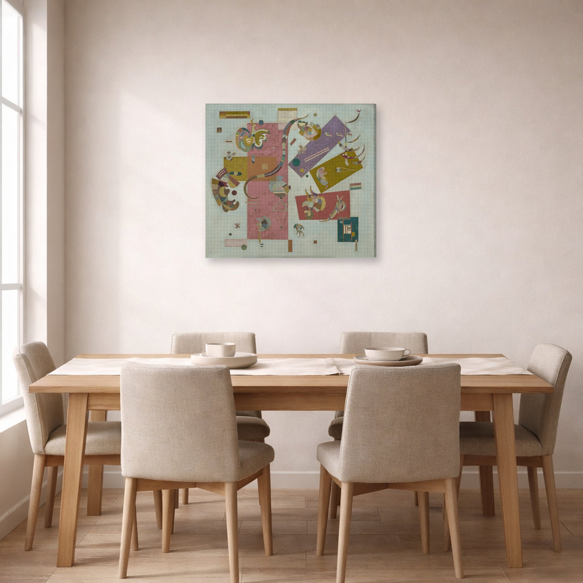 Gallery-wrapped canvas print of Wassily Kandinsky's Blue World displayed on a wall in a dining room