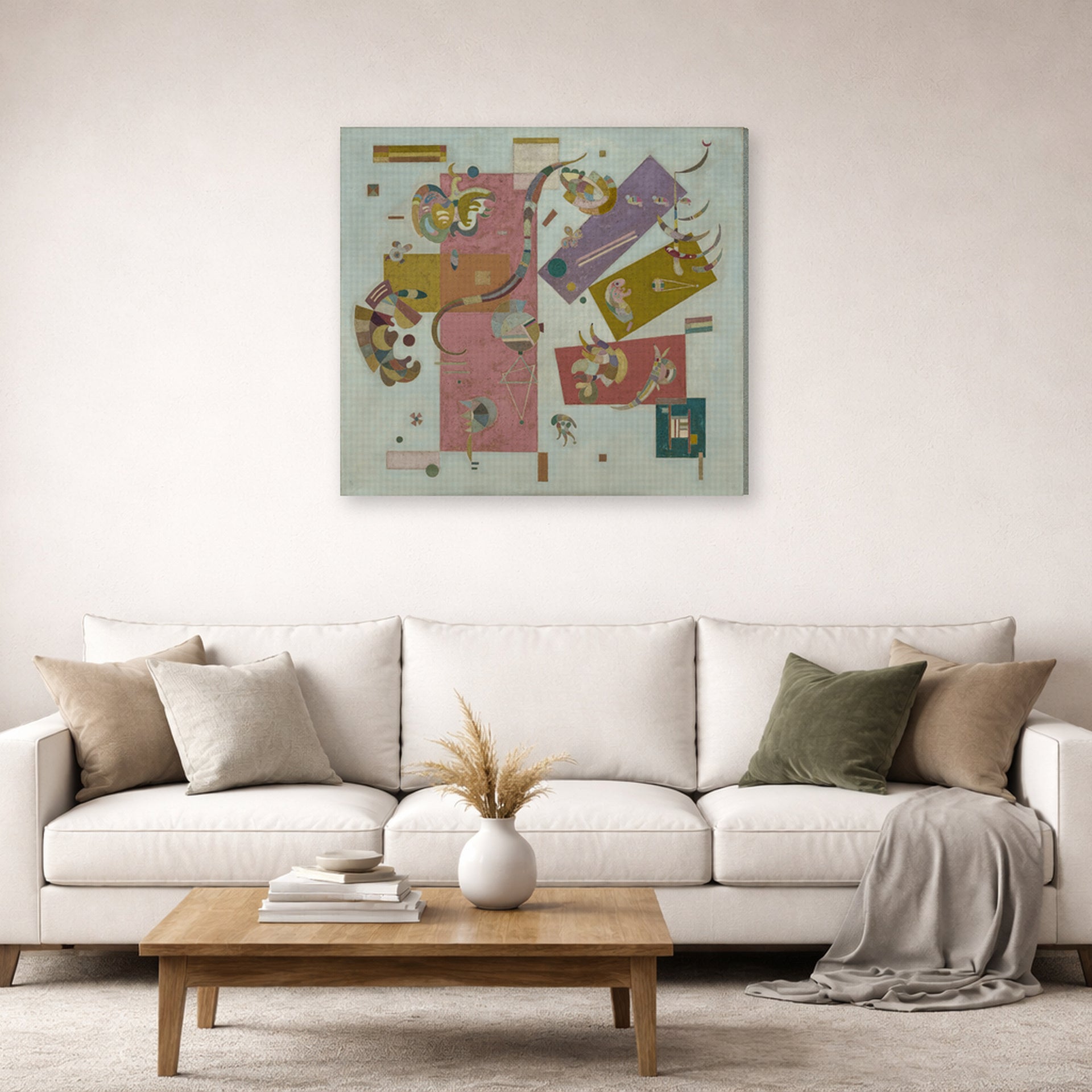Gallery-wrapped canvas print of Wassily Kandinsky's Blue World displayed on a wall in a living room
