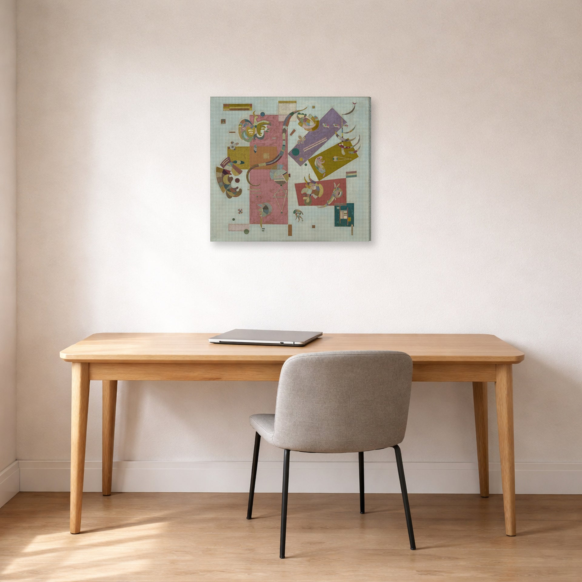 Gallery-wrapped canvas print of Wassily Kandinsky's Blue World displayed on a wall in an office