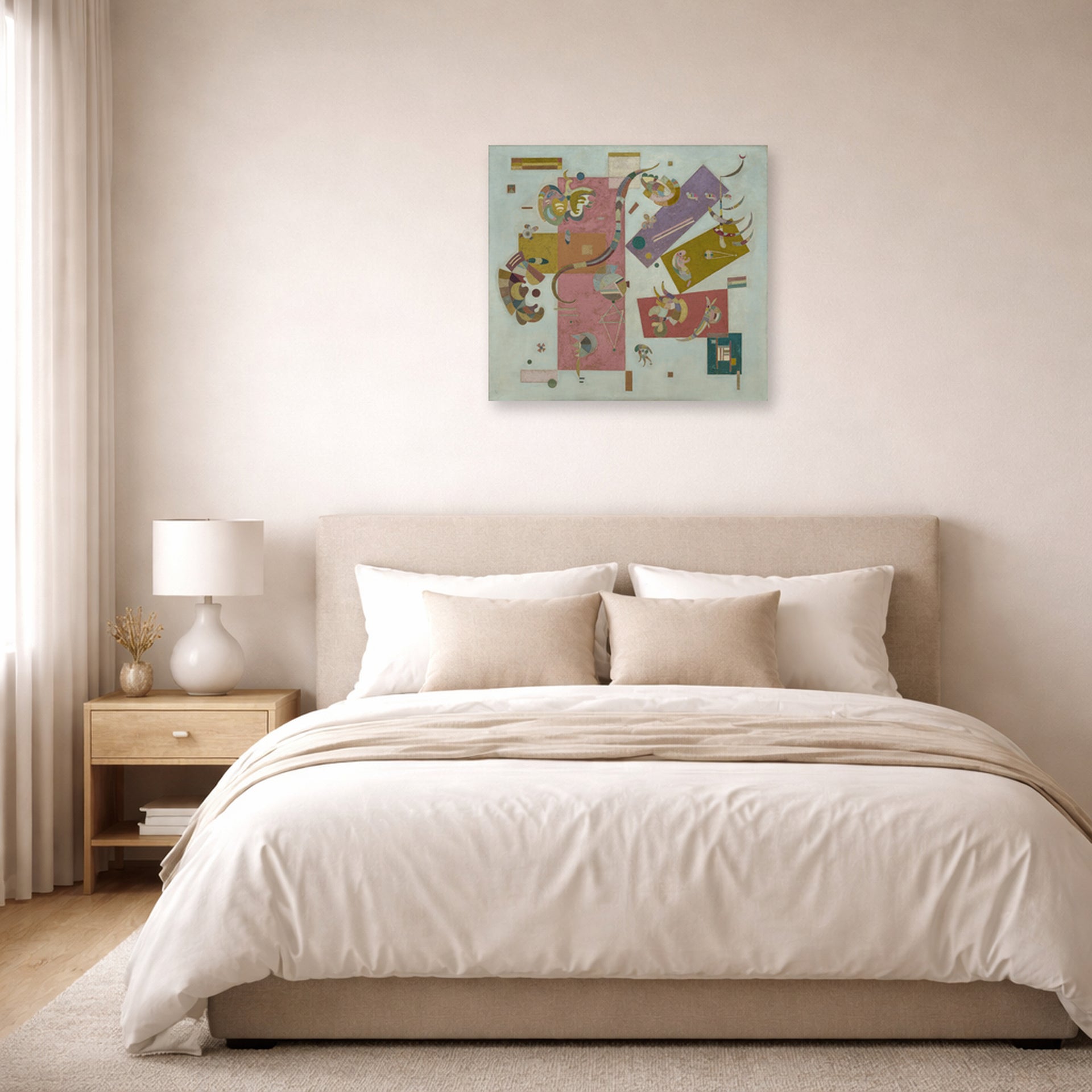 Unframed poster print of Wassily Kandinsky's Blue World displayed on a wall in a bedroom