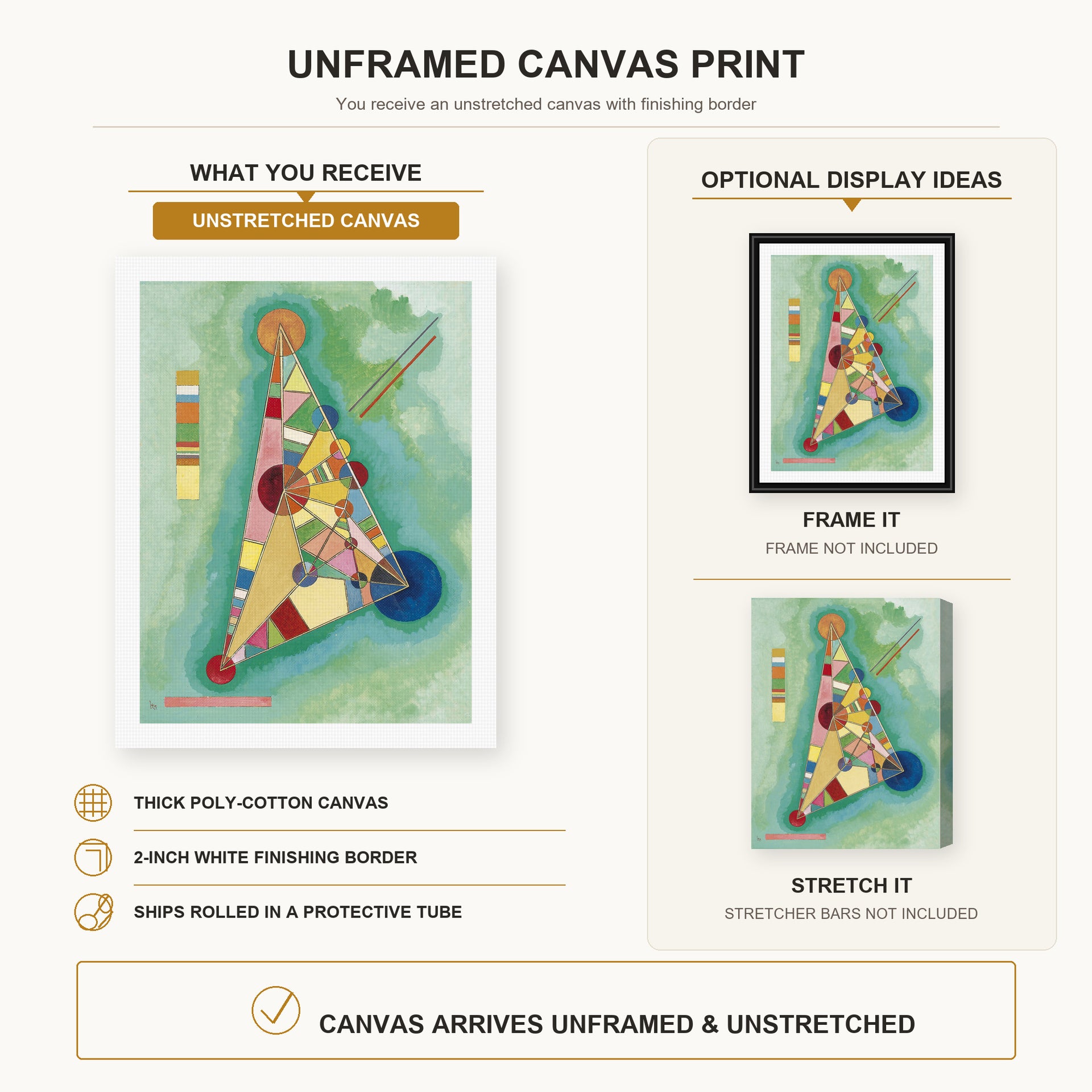Wassily Kandinsky - Bunt Im Dreieck (Bigarrure Dans Le Triangle) canvas print size comparison and framing display infographic