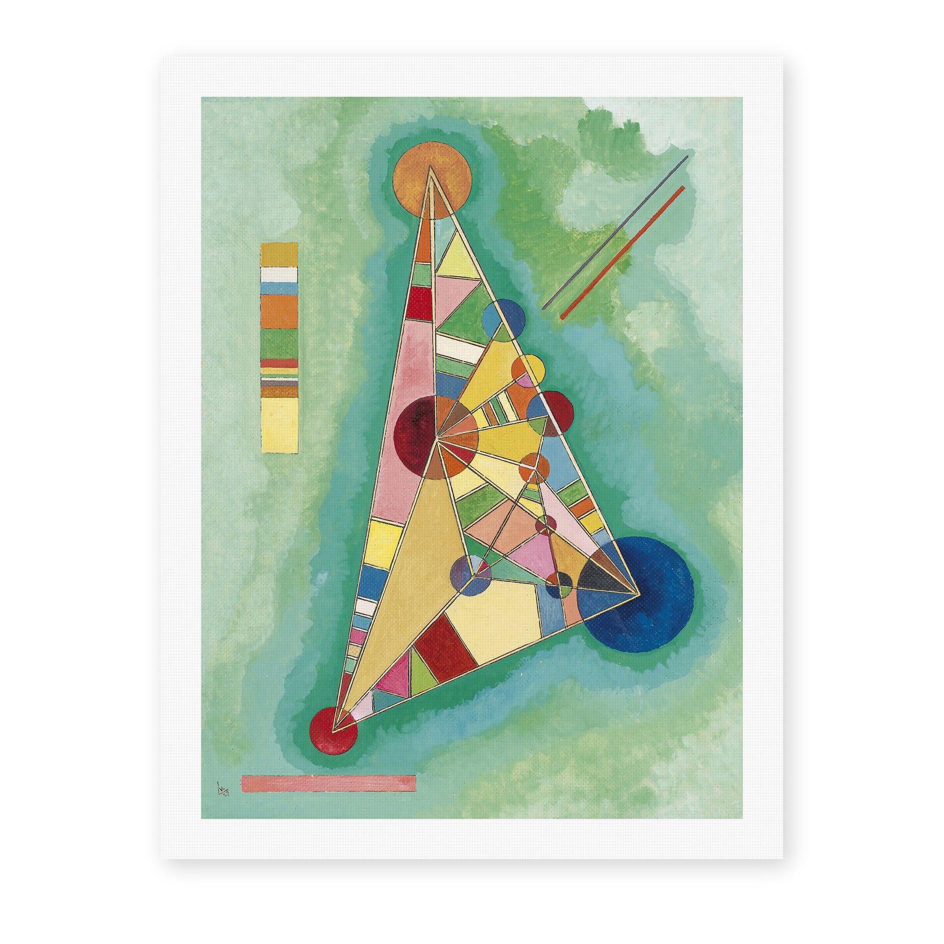 Wassily Kandinsky's 'Bunt Im Dreieck (Bigarrure Dans Le Triangle)' painting reproduced as a rolled canvas print