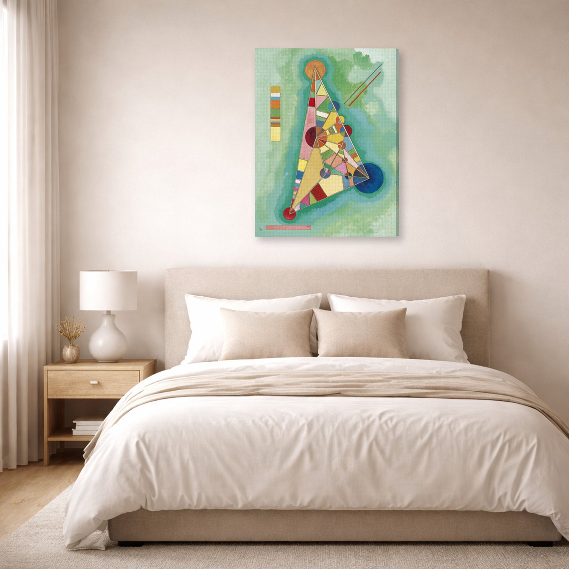 Gallery-wrapped canvas print of Wassily Kandinsky's Bunt Im Dreieck (Bigarrure Dans Le Triangle) displayed on a wall in a bedroom