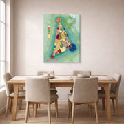 Gallery-wrapped canvas print of Wassily Kandinsky's Bunt Im Dreieck (Bigarrure Dans Le Triangle) displayed on a wall in a dining room
